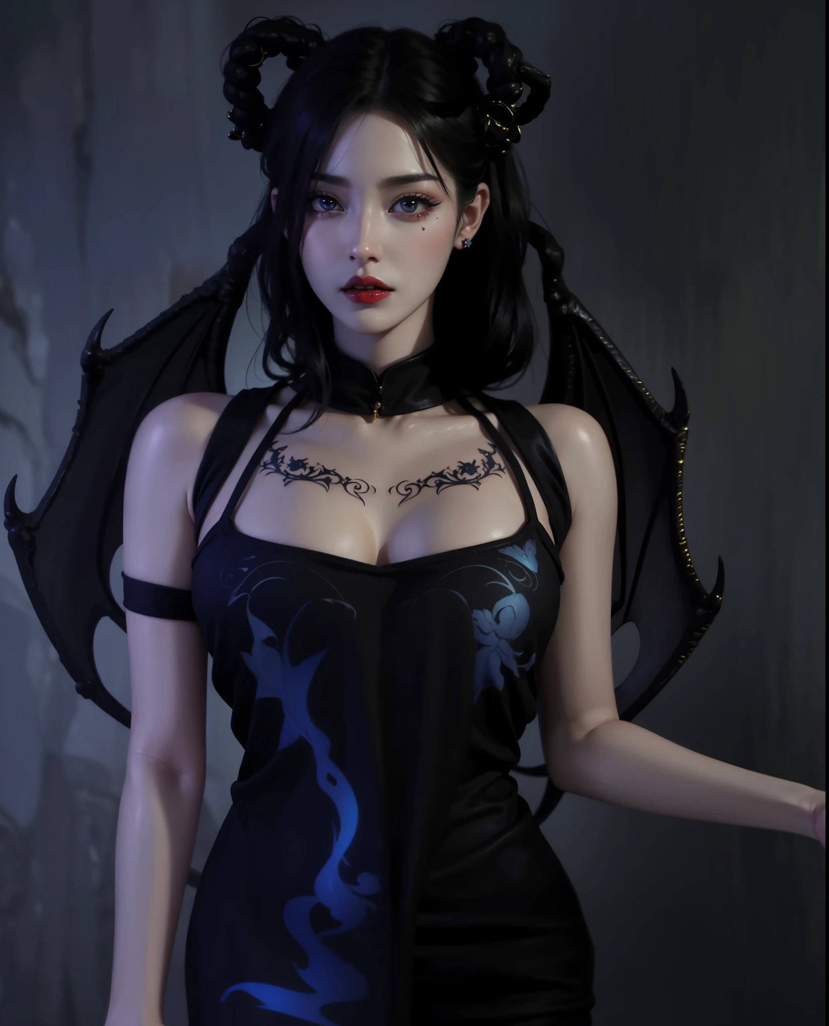 short sleeves,off shoulder, dress, Beautiful devil woman from hell, (in the darkness: 1.6), Surreal female portrait by David Hockney and Alphonse Mucha, fantasy art, korean doll, photorealism, dynamic lighting, art station, poster, Volumetric lighting, The facial details are very rich, 8k, in the darkness, deep shadow, low pitch, (knee shot), long hair, black hair, luxurious palace, royal style, Demon Crown, Red eye makeup is very sharp and detailed, the most beautiful face, normal breast, Surreal, charming smile, Eye makeup is very good, Gurwitz, devil style, red and black lips, Devil tattoo on shoulder, The weather is gloomy and thunderous, (portrait), Protagonist close-up, (Background details 1.8),nude ,show tits