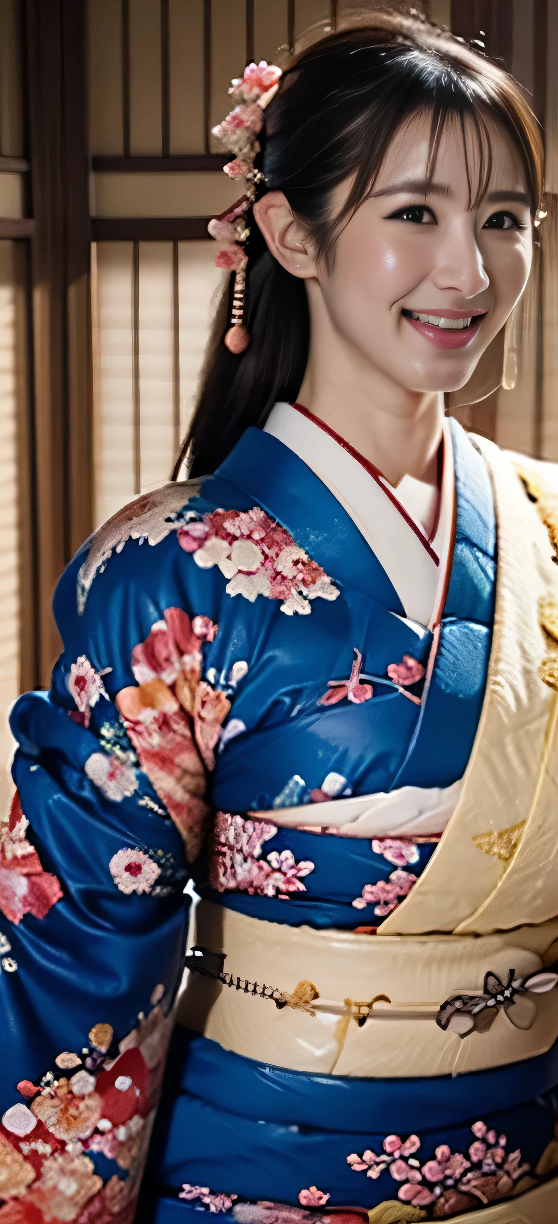 The most beautiful moms in the Japan(Giant body)、Wearing a kimono、traditional Japanese room、Huge breasts that are too big and droop a little、January、With smiling eyes、new year greetings