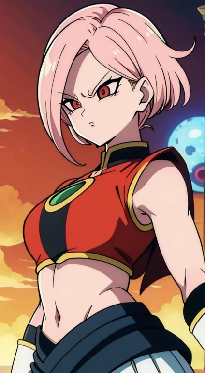 Create a character from Dragon Ball Xenoverse of the Majin race with a smooth, solid pink hair. The hair is shoulder-length, styled in a sleek bob with no visible strands or texture, giving it a rubbery, polished look typical of the Majin race. The hair is parted symmetrically down the middle and curves slightly inward toward the face at the ends, framing the character's head in a rounded, helmet-like style. The character has pale pink skin, red eyes with two red facial markings on the cheeks, and wears a green cape tied at the front over a sleeveless top, exposing the midriff. Focus on keeping the hair in a uniform, solid shape with no ponytails or human-like strands, staying true to the Majin aesthetic.