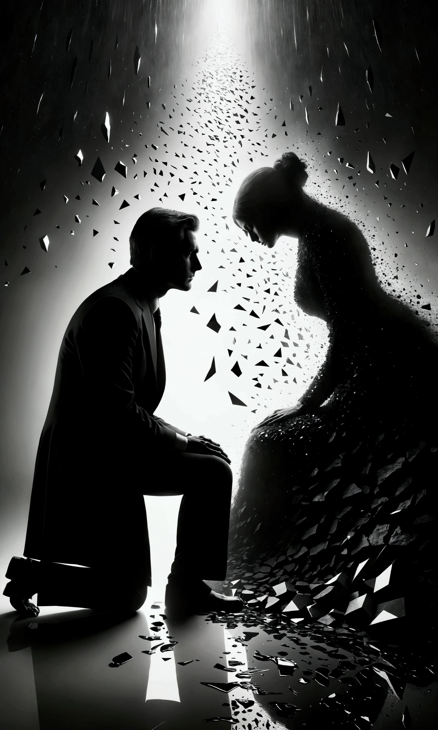 Depict a scene where the central figure is engulfed in shadows, their silhouette stark against a harsh and glaring background light. They are sitting hunched, head clasped tightly in their arms. The light should be almost blinding white, creating a contrast that highlights the figure with a dramatic chiaroscuro effect. This visual tension between light and shadow emphasizes the duality of their internal struggle—the bright but distant sense of hope versus the heavy, consuming darkness of despair. Shapes in the background should be abstract and splintered, resembling broken glass, to enhance the theme of a fractured reality and mind. Use a monochromatic palette, focusing on variations of grays and blacks, punctuated by the occasional glint of silver, to convey an atmosphere of isolation and desolation.