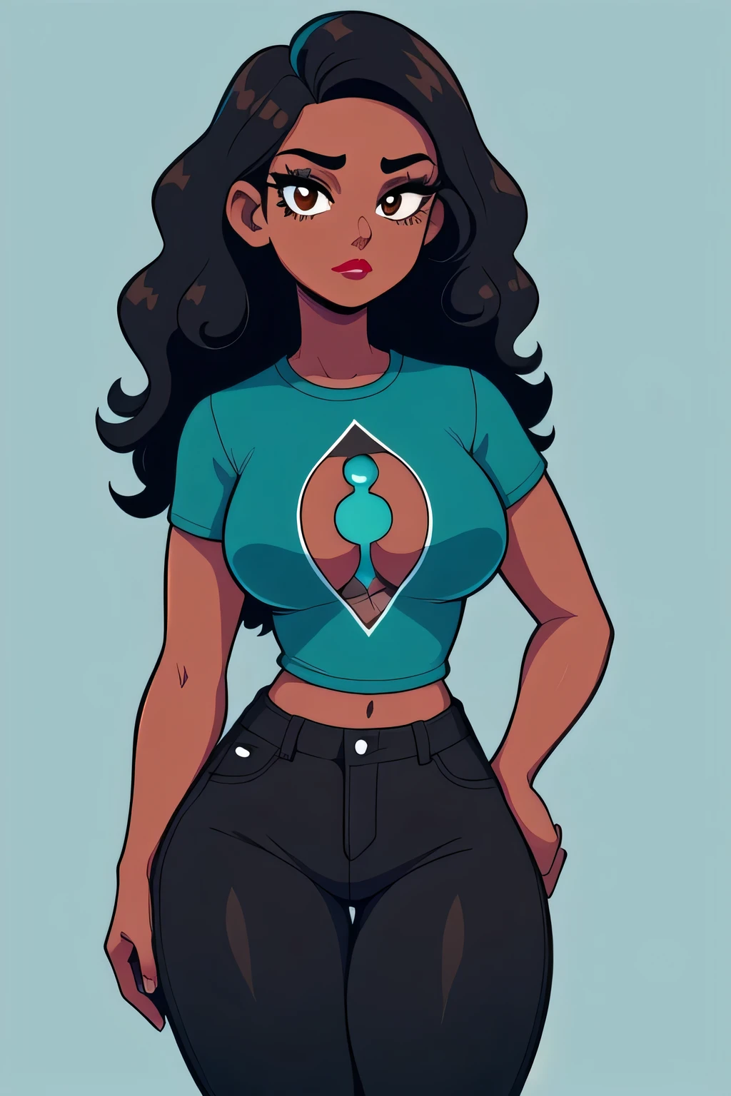 hotify:2,dark skin,tight teal cropped t-shirt,teal t-shirt,check copyright,1girl,long hair,black girl,red-lipstick female,black long curly hair,thick hourglass body, jeans short, sly, non-web source,brown eyes,simple background,looking at viewer,solo,expressionless, black mascara