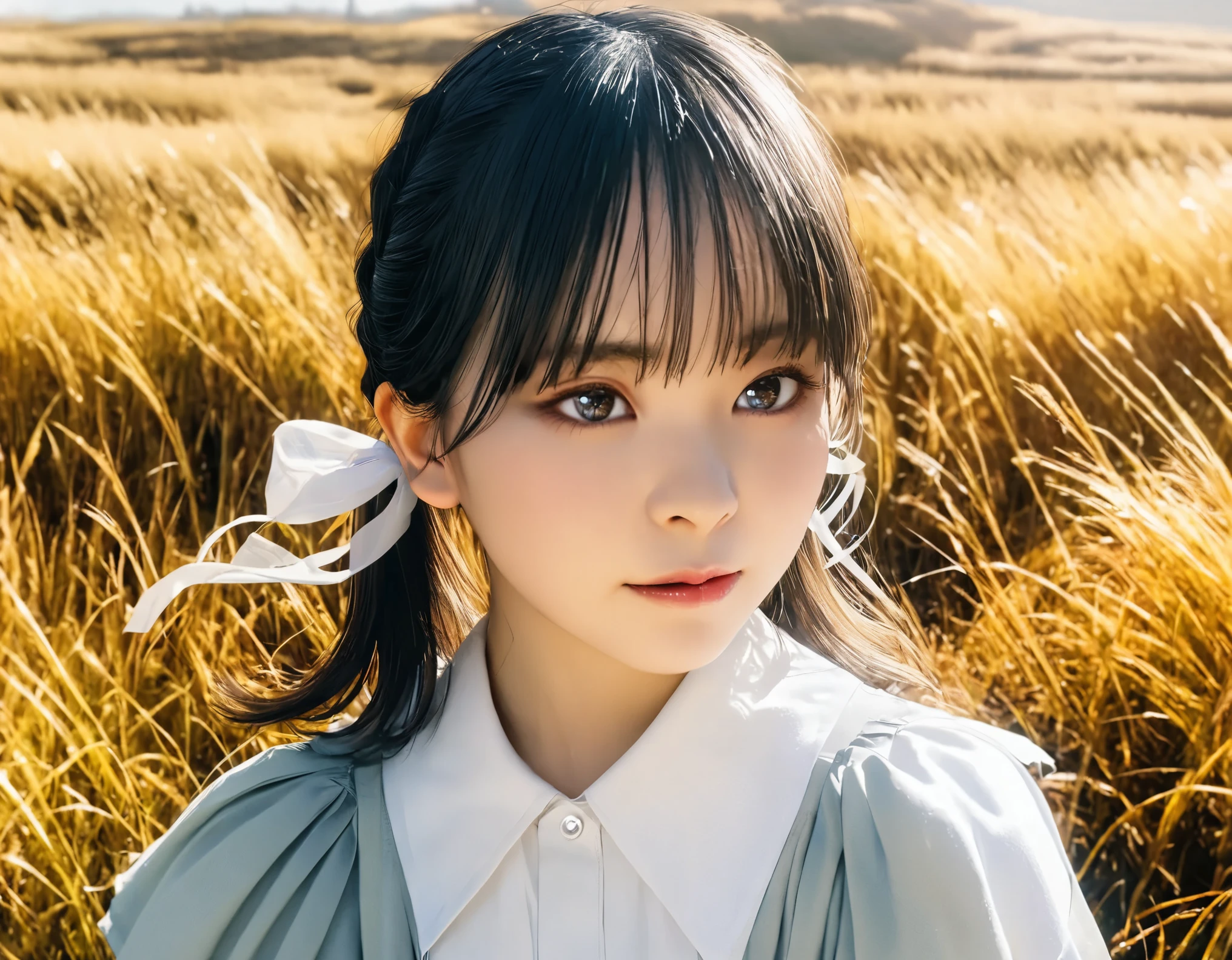 Poetic shots,Hazy light and shadow,aestheticism,Melancholic movies,1girll,Golden hair,pigtails,emotive depth,Face away from the camera,Turn Back,The shirt,florals,flower field,8K,Exquisite facial features