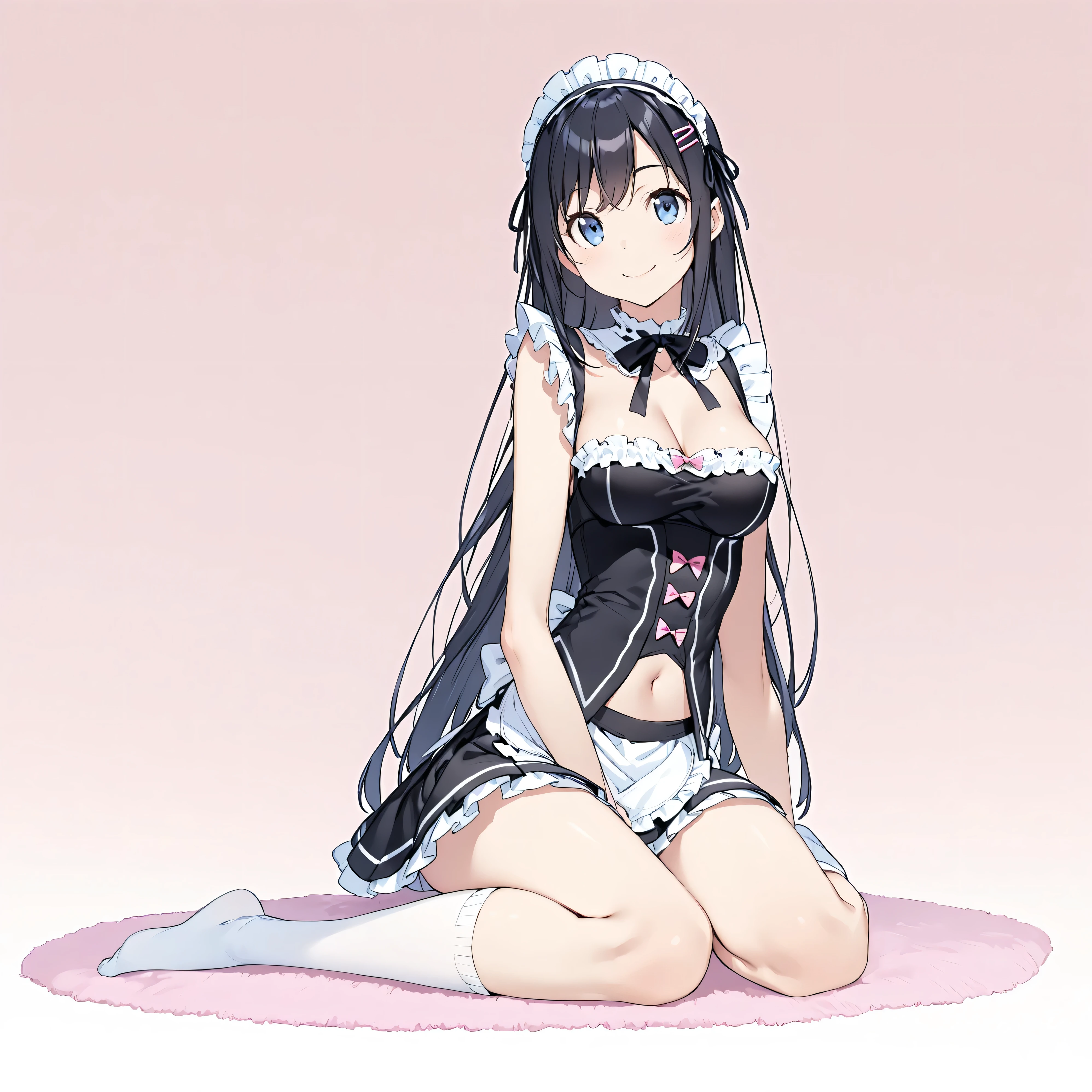 (masterpiece)、(Best Quality)、( high res)、( very detailed)、(so beautiful:0.9)、(Very cute:0.9)、(Brighten the face:0.3)、
( high contrast:1)、Perfect body、Beautiful hands and feet、Delicate limbs、
( head to toe:1.5、Full body view:1.5)、In the center、
(Ayase Arakaki)、
Round face、
(Long straight black hair)、Long Hair、bangs、(Hair Clip)、
(Detailed face:0.7)、(smile:1.5)、(High nose:0.5)、
Beautiful breasts、Round Breasts、
Five Perfect Fingers、Big Blue Eyes、slender、Narrow waist、
Delicate and smooth skin、Beautiful Skin、 textured skin、
Alone、
Maid uniform、Short skirt、ribbon、Hairbands、Knee-high socks、
Delicate fabric、
(Clevis:0.0)、
( She's Sitting on the Floor )、(Place your hands on the floor)、
(Round Breastsが見える)、
shy and big eyes、
(White pink background:1.5)、(White pink carpet)、
(Alone:1.5), (standing),
( animated illustration of her in the style of a ),
( White background :1.5),
staring at the viewer ,