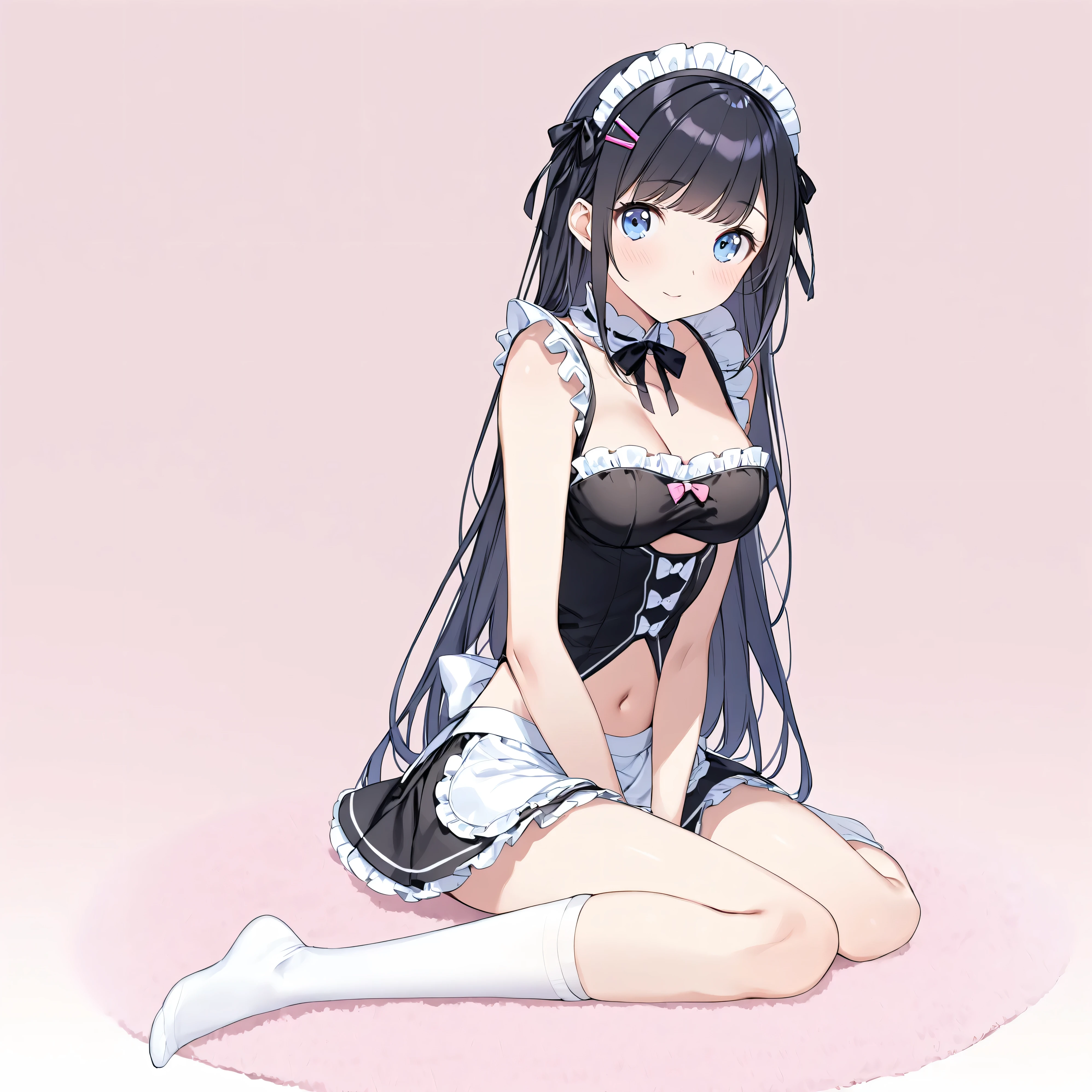 (masterpiece)、(Best Quality)、( high res)、( very detailed)、(so beautiful:0.9)、(Very cute:0.9)、(Brighten the face:0.3)、
( high contrast:1)、Perfect body、Beautiful hands and feet、Delicate limbs、
( head to toe:1.5、Full body view:1.5)、In the center、
(Ayase Arakaki)、
Round face、
(Long straight black hair)、Long Hair、bangs、(Hair Clip)、
(Detailed face:0.7)、( has a smiling face :0.8)、(High nose:0.5)、
Beautiful breasts、Round Breasts、
Five Perfect Fingers、Big Blue Eyes、slender、Narrow waist、
Delicate and smooth skin、Beautiful Skin、 textured skin、
Alone、
Maid uniform、Short skirt、ribbon、Hairbands、Knee-high socks、
Delicate fabric、
(Clevis:0.0)、
( She's Sitting on the Floor )、(Place your hands on the floor)、
(Round Breastsが見える)、
shy and big eyes、
(White pink background:1.5)、(White pink carpet)、
(Alone:1.5), (standing),
( animated illustration of her in the style of a ),
( White background :1.5),
staring at the viewer ,