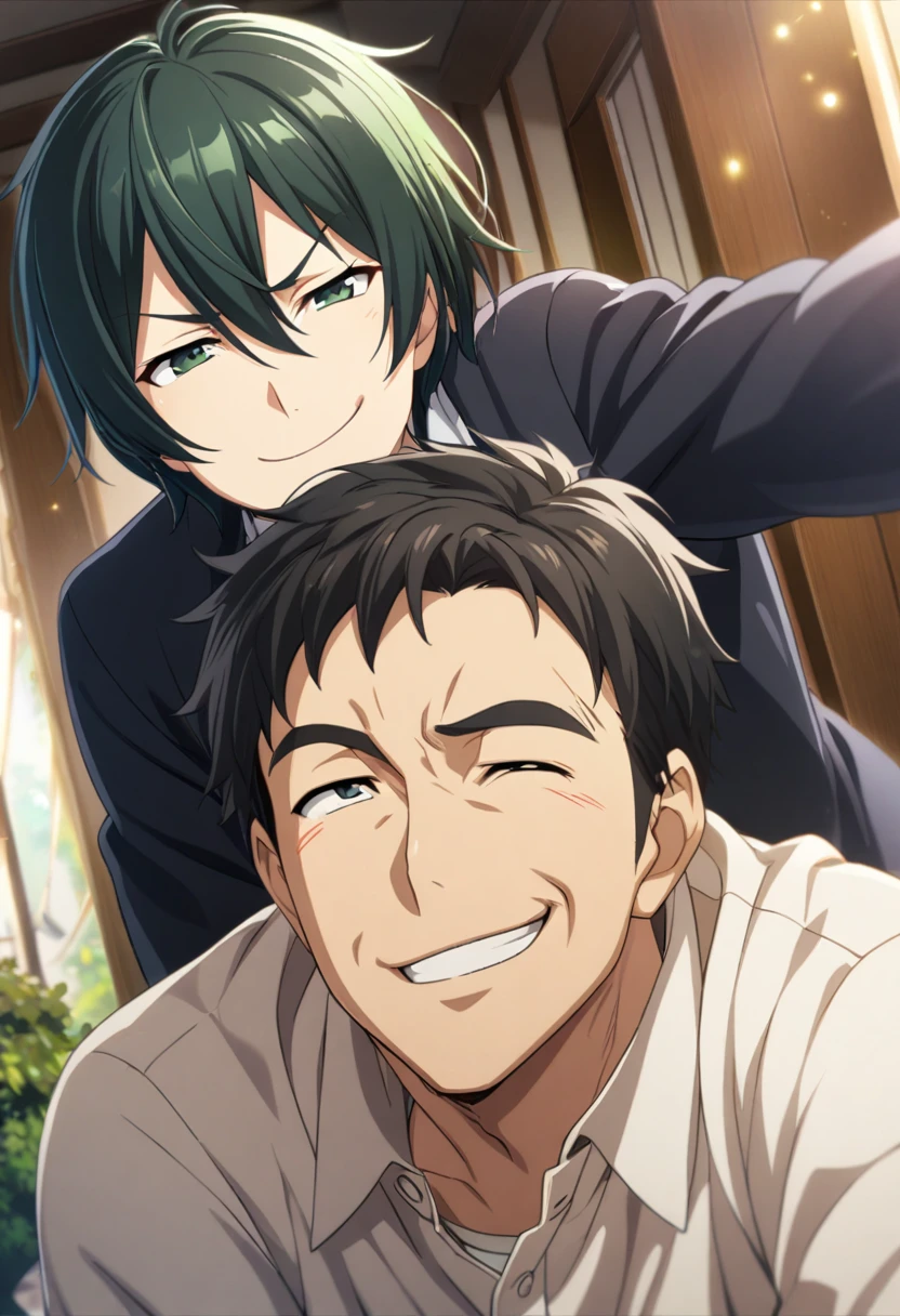 1 boy 50 years old, dark green hair, hair between the eyes, dark blue-green eyes, permissive parent type, satisfied smile, proud smile, smug expression, cg