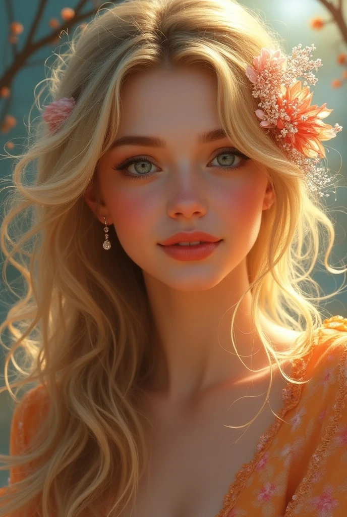High resolution, Look at the audience, smile, simple background , decorations, earring, Hair flower, Decorative Arts, Abstract Expressionism, Abstract art, Radioactive painting, คุณภาพที่ดีที่สุด Long hair, Glittering light, Depth of field, Character Design , Hyper-realistic, Realism, Long hair, shill, Blonde hair,Fake animal ears, Twintail,