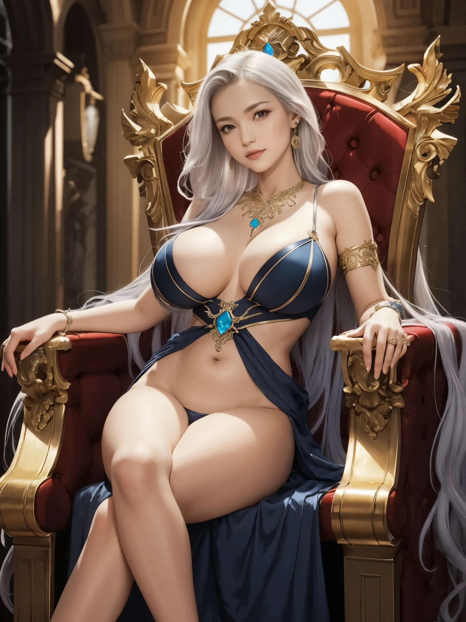 girl, sitting, leaning, seductive, on throne, dragon warrior dress, detailed skin, (gigantic breasts:1.2), navel, thighs, long hair, very straight hair, looking at viewer, statement jewelries, plastron necklace, filigree earrings, intricate armlet, body jewelry, glittering, opulent high-end material, very long straight silver hair, sexy, sensual, smirk, daylight, cinematic lighting, ray tracing, masterpiece, high resolution, high quality, high details,