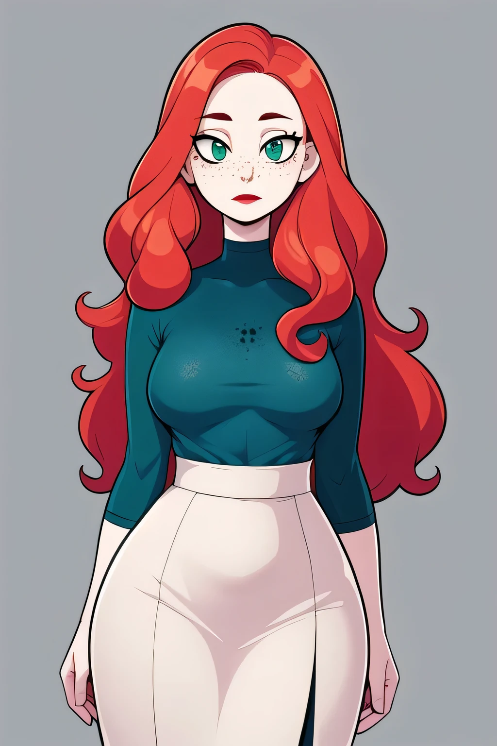 hotify:2,pale skin,tight ling sleeve grey top,teal undersized grey top,check copyright,1girl,long hair,ginger girl,red-lipstick female,ginger long curly hair,thick hourglass body, skirt, round face, (Freckles), non-web source,green eyes,simple background,looking at viewer,solo,expressionless, black mascara