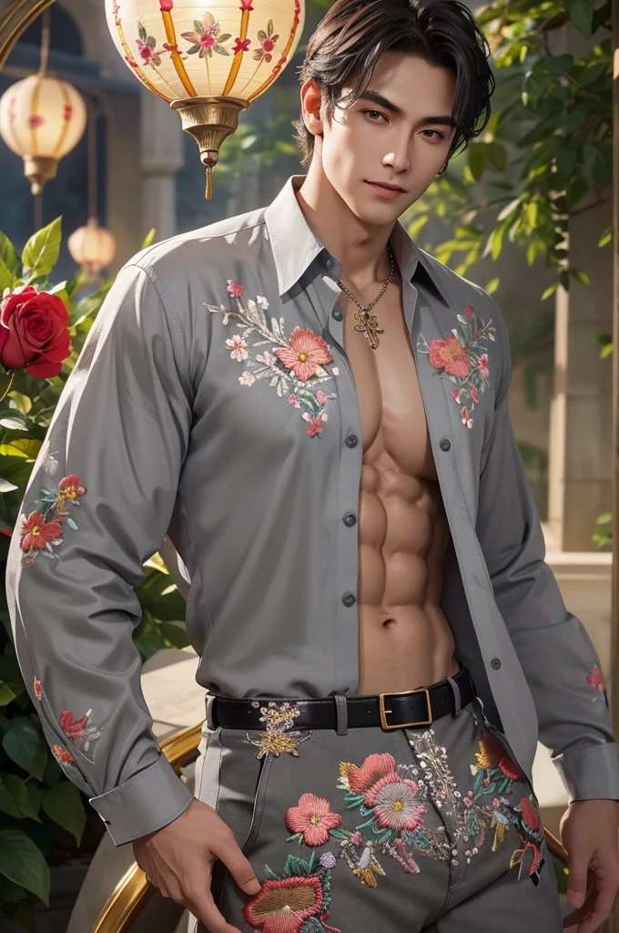 Sexy shirtless Japanese man with apron holding bouquet of flowers. Fundo jardim de flores