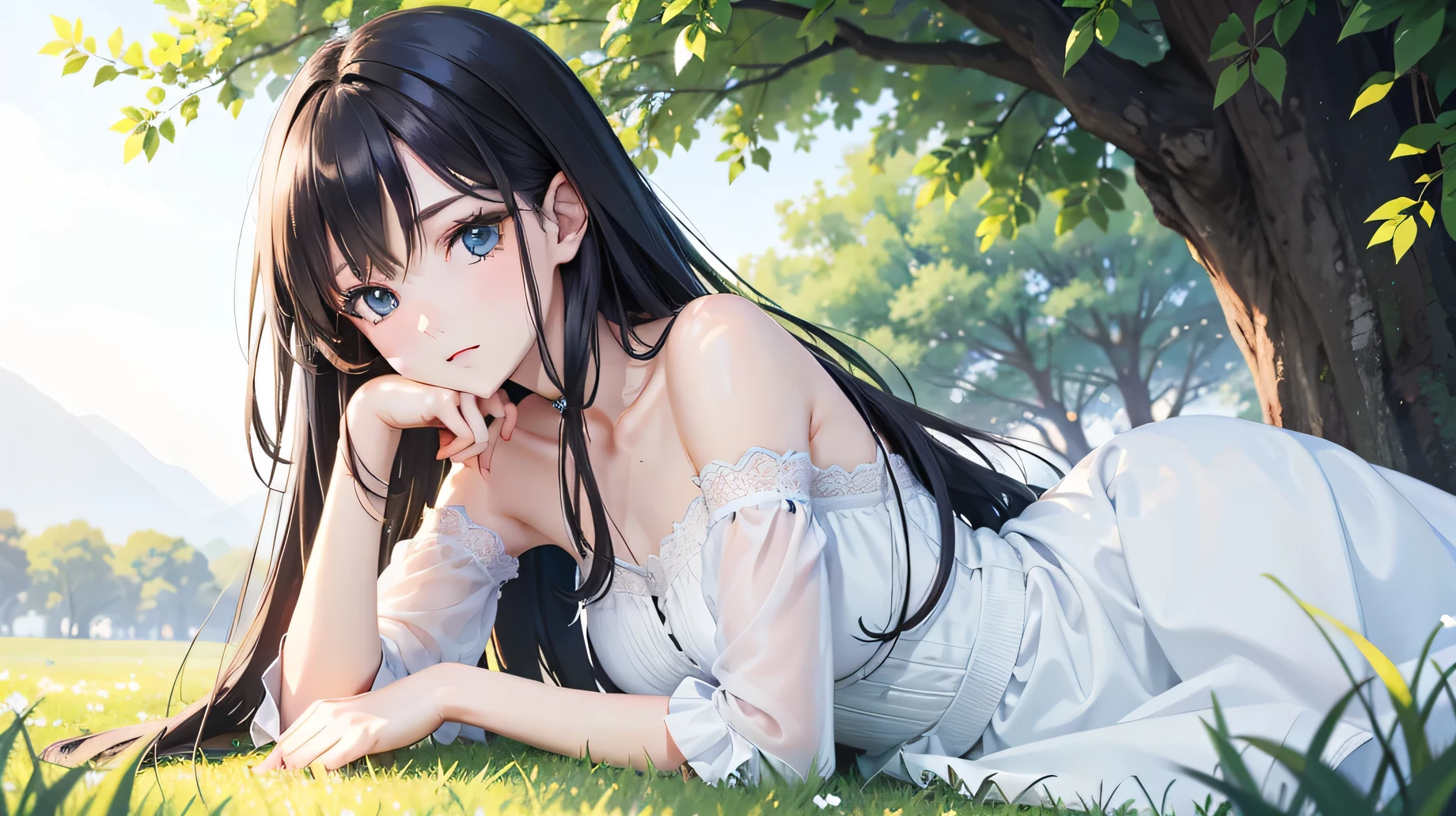 absurderes, ultra-detailliert,bright colour,(in 8K:1.3),masuter piece,extremely beautiful detailed face and eyes, 25 years old,(Smooth straight black hair), (Shiny meduim hair),(Pattsun bangs), (Deep blue eyes) Delicate beautiful face, red blush, (wearing white short dress) Nice Spot, grass, windy.