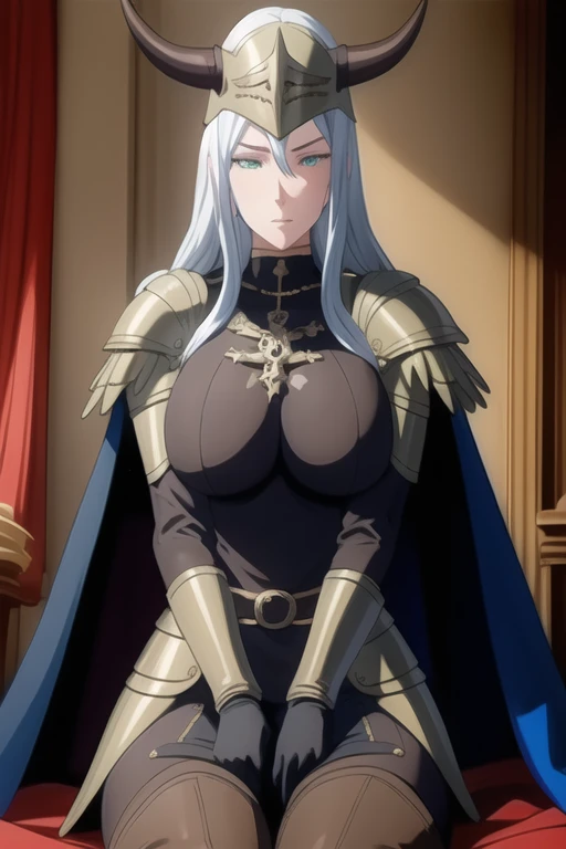 (high quality:1.2), intricate detailed, colorful,
VanessaCromwell, 1girl, mature female, solo, cowboy shot,
looking at viewer, determined,
white hair, long hair, green eyes,
armor, breastplate, shoulder armor, bodysuit, horned helmet, gloves, cape, cloak, (cape covering her arms 1.2)
large breasts, 
Room, sitting
 