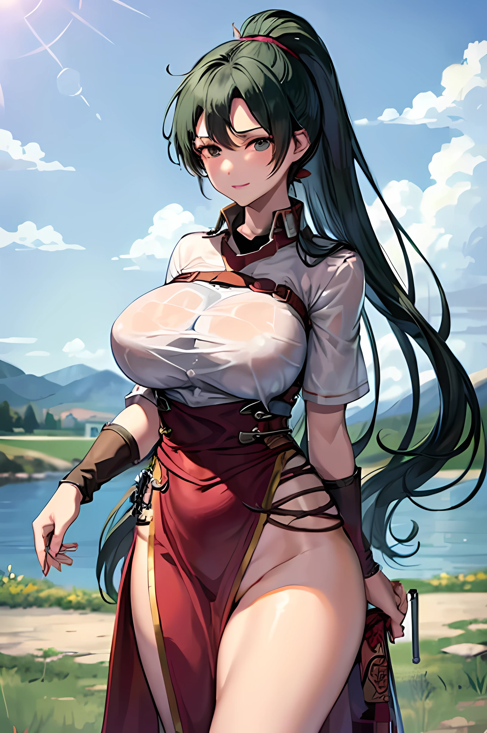 Mikasa, traditional outfit,pretty,perfect breasts,wet clothes,thick thighs,slim waist,hourglass body,short black hair,red scarf on neck,smiling annoyedly,huge landscape scenery behind,blushing deeply,adjusting hair,clear eyes,prettiest girl ever,ultra high quality,bare thighs,red clothe covering only pussy