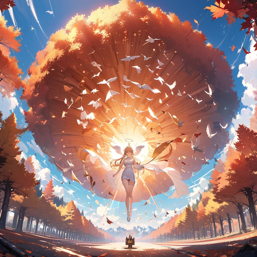 Metasequoia Tree-Lined Avenue,Autumn leaves, Dead Leaves Fluttering ,(((8k,masterpiece,Best Quality))), Detailed CG Synthesis ，Maxi Kit, whole body, Wide Shot,break、((( Cute Angel Flying in the Blue Sky ))),  Fantasy , Big angel wings, ,(blonde:1.6)，眩しいハイライトが入ったblondeの髪、Shiny bright hair, ,Long Hair,, Twin Tail、Detailed face，Attractive big blue eyes，Shining beautiful eyes，Charming smile，Beautiful Skin， lens flare,Girl with angel wings and sword, Angel Knight Girl,Beautiful angel witch, Very detailed artgerm, Detailed digital 3D art（（Ultra-realistic, Vivid 3D））， Dragon Warrior Girl， Dynamic Action Poses for Battle Scenes，  Extremely Complex and Heavy Fighter Armament ，Vice President of Lunes,, Single Armor, Decorative blue armor, Armor Dress, （Winged Helmet）, Shoulder rest, Gauntlet, Shin guards,（ Wielding a Huge Turquoise Energy Sword :1.3), extremely dramatic and cinematic lighting 。Beautifully detailed backgrounds, Beautifully detailed backgrounds, (In the blue sky above the clouds 1.3), ((Two big, Shining Wings:1.3),(flight:1.5)