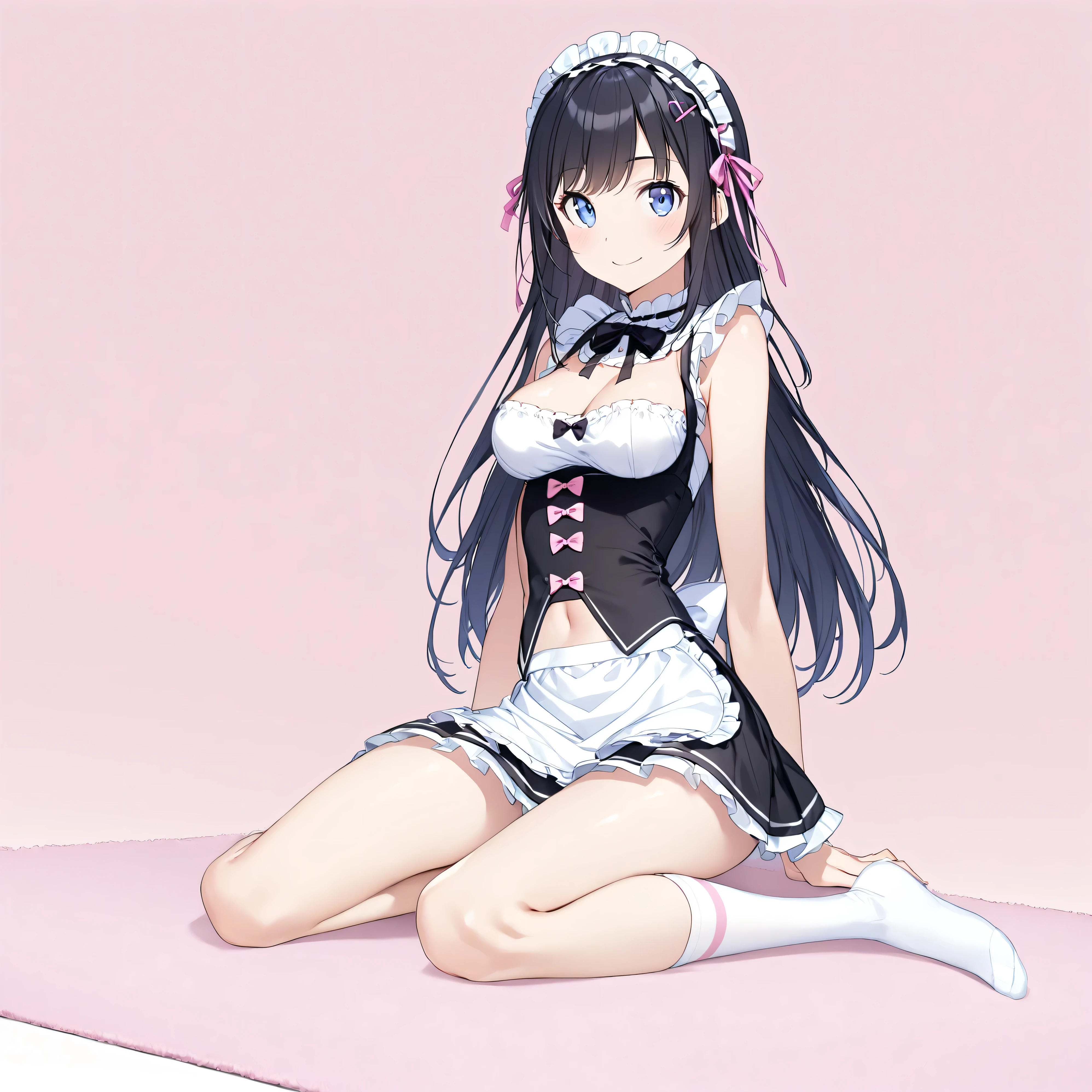 (masterpiece)、(Best Quality)、( high res)、( very detailed)、(so beautiful:0.9)、(Very cute:0.9)、(Brighten the face:0.3)、
( high contrast:1)、Perfect body、Beautiful hands and feet、Delicate limbs、
( head to toe:1.5、Full body view:1.5)、In the center、
(Ayase Arakaki)、
Round face、
(Long straight black hair)、Long Hair、bangs、(Hair Clip)、
(Detailed face:0.7)、(smile)、(High nose:0.5)、
Beautiful breasts、Round Breasts、
Five Perfect Fingers、Big Blue Eyes、slender、Narrow waist、
Delicate and smooth skin、Beautiful Skin、 textured skin、
Alone、
Maid uniform、Short skirt、ribbon、Hairbands、Knee-high socks、
Delicate fabric、
(Clevis:0.0)、
( She's Sitting on the Floor )、(Place your hands on the floor)、
(Round Breastsを見せる)、
Shy and big-eyed、
(White pink background:1.5)、(White pink carpet)、
(Alone:1.5), (standing),
( to highlight muscles),
( White background :1.5),
staring at the viewer ,