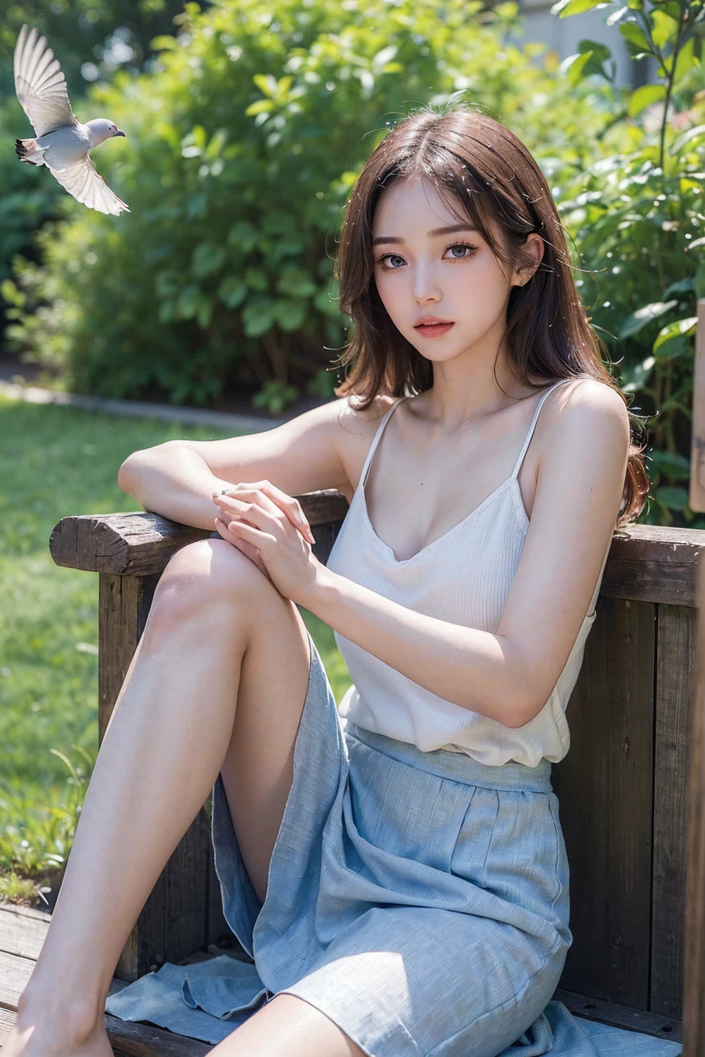 A beautiful young Korean girl, 16 years old, lay down beside a highway road in a park, wearing an above-knee length elegant purple t-shirt with skirt, cute and sweet, photorealistic, 8k, ultra-detailed, masterpiece, gorgeous colors, natural lighting, serene landscape, cinematic composition, detailed facial features, long lashes, rosy cheeks, porcelain skin, delicate features, warm smile, graceful pose, flowing dress, lush foliage, winding path, blue sky, wispy clouds, beautiful face, realistic face, realistic skin, realistic smile, realistic atmosphere, every thing is realistic, cutest smile, realistic body, realistic body language, mouth watering beauty, cute face, stylish look, stylish angles, tempting eyes, realistic hands, realistic arms, realistic hand fingers, realistic legs, bright skin, perfect body figure, round youngest breasts, beautiful soft smooth thighs, bright skin, bright body, hot figure, Slender, Navel, side bending angle,