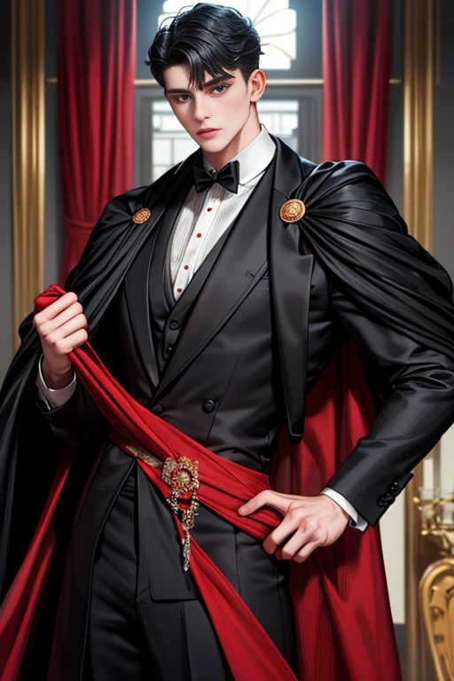 
masterpiece, 最high quality, high quality, 1 boy, alone, Male focus, Watching the audience, whole body, Winning spirit_destiny, Messy black hair, blue adorable big eyes, White, Noble, Noble, Noble的な吸血鬼、An elegant tuxedo,A very large, very tall stand-up collar, a very large, very long, long cape that reaches down to the floor, made of a lot of fabric, red and black., ,cute beautiful boy,cute cute handsome boy