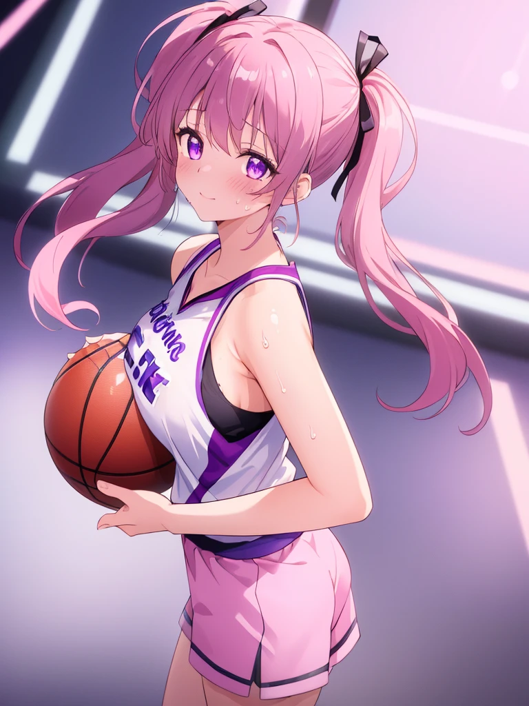 ((8k, Highest quality, masterpiece: 1.3)),Ultra-high resolution,(1 girl, alone), Highly detailed dark purple eyes, Highly detailed face, from above, closed mouth, light from back, basketball coart background,
light pink short twintails, basketball jersey, sweating, breast, ribbons, 