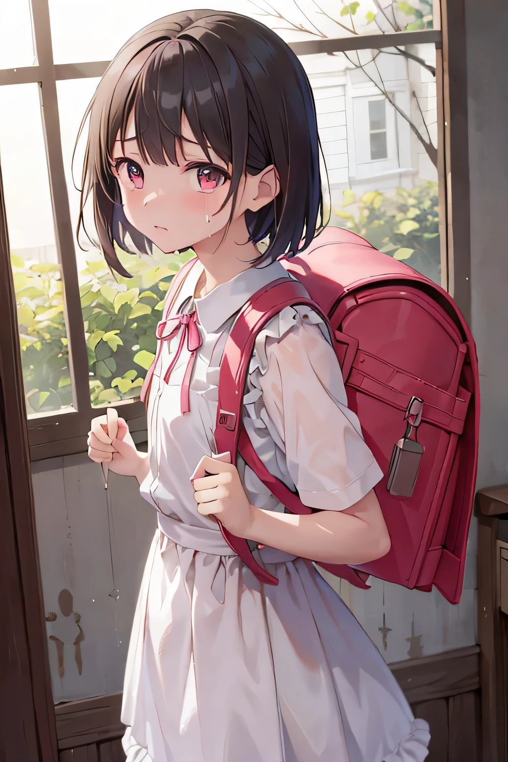 score 9, score 8 up, score 7 up, source anime, high-res image, shiny hair, cute face, clear skin,
<lora:RandoseruXLv10:0.8> carrying randoseru backpack, sky blue randoseru backpack,
<lora:camisole dress_Pony_V1.0:1> jyojifuku, dress, bare shoulders,
1girl, little girl, black hair, tied hair, (small breasts, flat breasts:1.2), (sweaty body:1.4),
smile, closed eyes, looking to down, skirt hold,
(masterpiece), best quality, extremely detailed, ultra-detailed, nsfw,
official art, extremely detailed CG unity 8k wallpaper, perfect lighting, cinematic lighting,