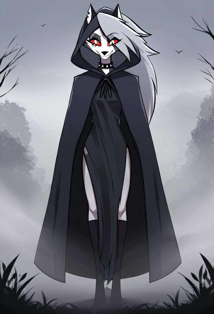 (1girl, solo), perfect body, slim,
anthro, robe, furry, smile, grim reaper outfits, cape covering whole body, long black cape, hoods covered head, head down, red eyes, day, fog, park, standing
Loona \(Helluva Boss\), best quality, masterpiece 