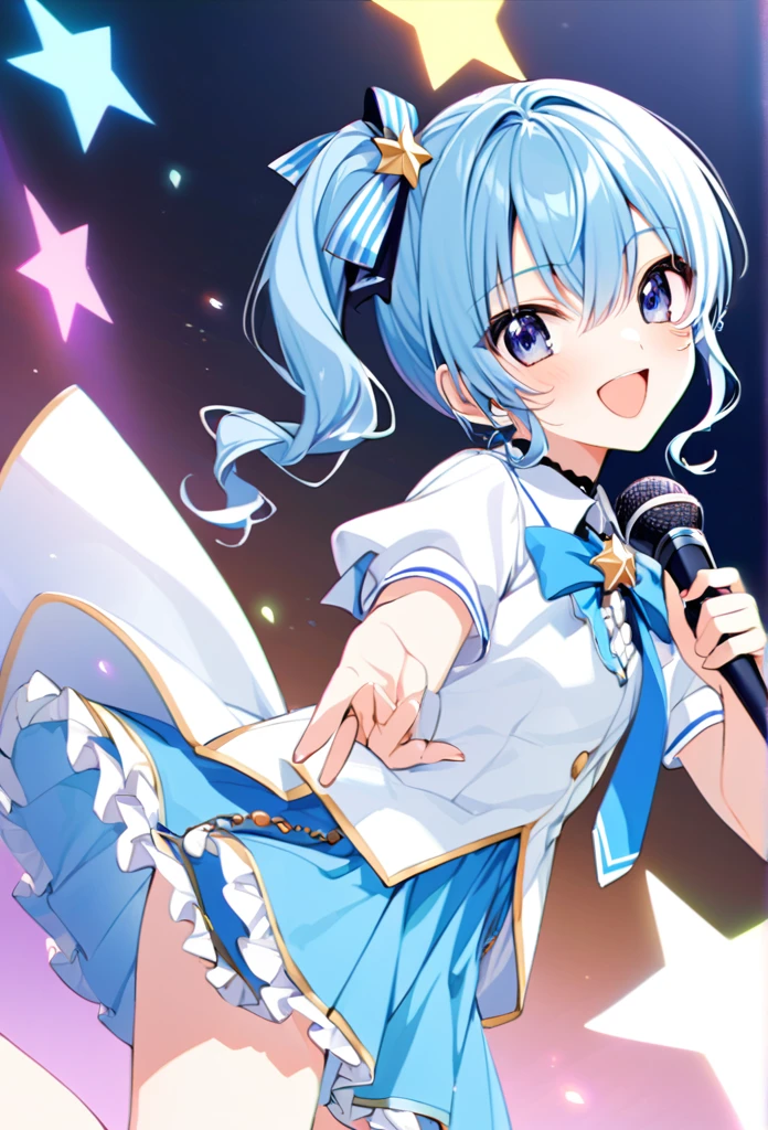 Best Quality、 absurd、 1 girl、Alone、Star Town Suisei、 light blue hair、blue eyes、happiness、smile、Open lips、thin、Side Lock、 side ponytail 、Tightening、 Idol、Idol服、ホロライブIdolユニフォーム、Bow tie、Blue Skirt、brooch、dress、Frilled Skirt、Sing with a microphone、