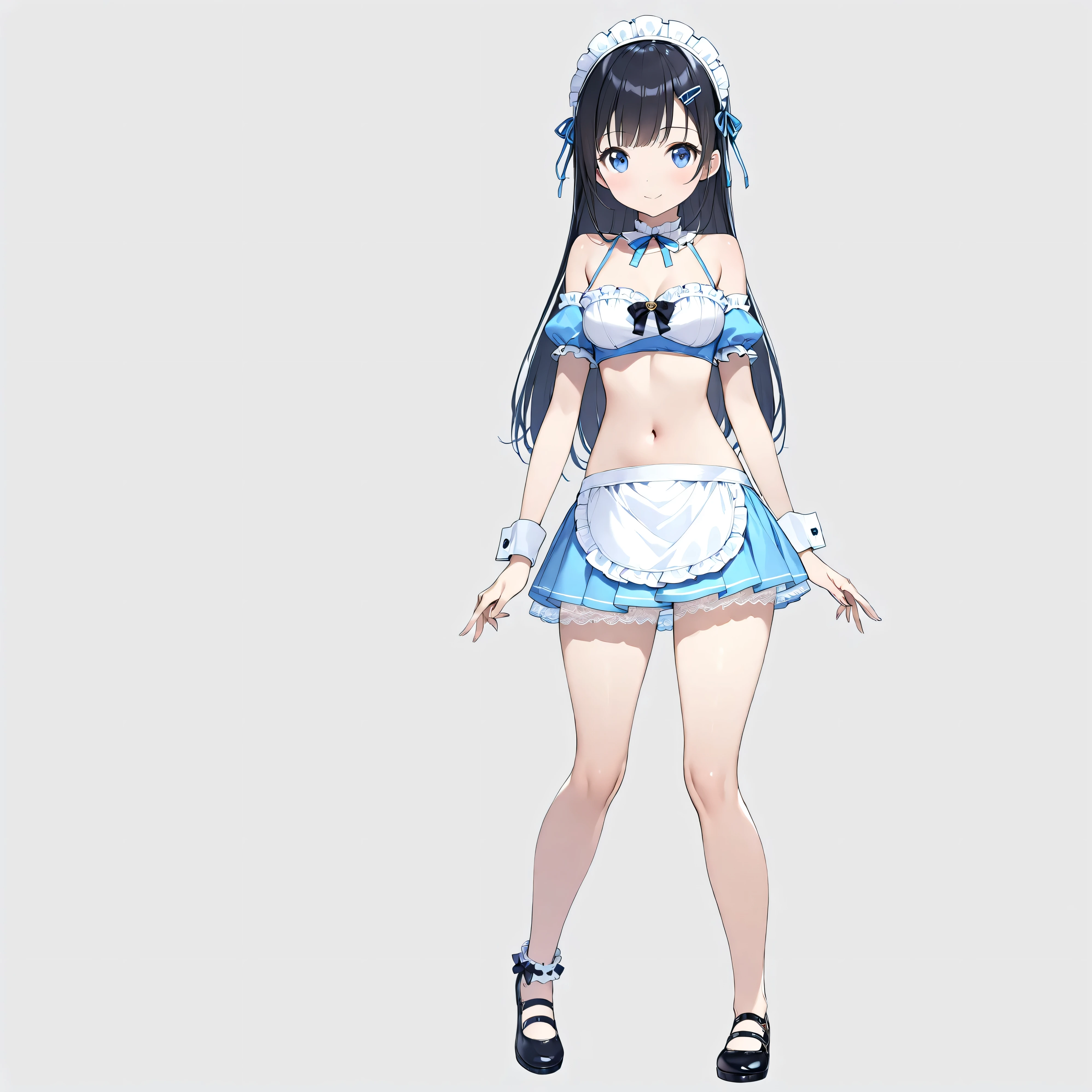 (masterpiece)、(Very high quality)、(Ultra-high resolution)、(Ultra-detailed)、( complicated details)、4K、8k、
( high contrast:1)、Perfect body、Beautiful hands and feet、Thin legs、Slim and curvy figure、
( head to toe:1.5、Full body view:1.5)、In the center:1.0、
(Ayase Arakaki)、、
(so beautiful:0.9)、(Very cute:0.9)、
(Round face)、(Brighten the face:0.3)、
( STRAIGHT HAIR)、(Long black hair)、bangs、(Hair Clip)、
(Detailed face:0.7)、(High nose:0.5)、(smile:1.0)、
Beautiful breasts、Round Breasts、
Five Perfect Fingers、Big Blue Eyes、Slim and curvy figure、
Delicate and smooth skin、Beautiful Skin、 textured skin、
(White off-the-shoulder top)、(Pink ruffles on the hem of the top)、
(Blue Mini Tight Skirt)、(Pink frills on the hem of a mini tight skirt)、
(Maid uniform)、(mini skirt)、white lace headband、cuffs、
( exposes bare belly)、I can see her blue panties with white frills、
Delicate fabric、
Slender body,
medium breasts,
Small stature,
(standing:1.2),
( solo focus :1.0),
(Full Body Shot:1.2),
( to highlight muscles),
(No background:1.5),