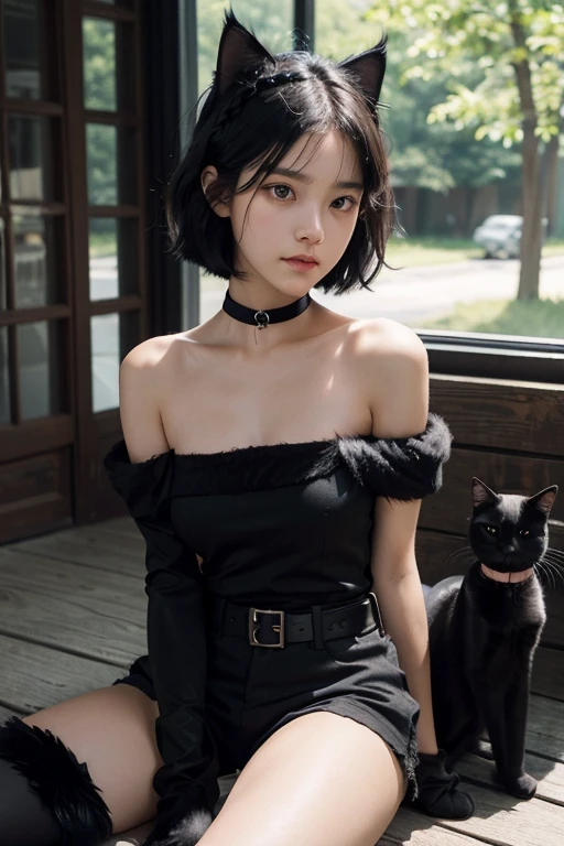 Cat ears,  Wild Tasted Girl , Early teens, Beautiful girl with high breasts, cute girl, とてもかわいいCat earsの女の子, (((10YO))), ((((Black short bob)))),  Delicate Threadlike Hair , Hair blowing in the wind, Expressive hair,  Side Braided Hair ,  Beautiful Black Eyes , Droopy eyes, (( Sleeveless Black Fur Clothes )), (( Black Fur Shorts )), ((((slave stamp on shoulder )))),  choker, ((((long black tail )))), ((((A black cat's hand from the elbow )))), (((( a black cat's foot from the knee down)))), detailed, Clear, Beautiful Skin, Long eyelashes, baby face,  Fantasy Forest ,  Fantasy Forest , tree々 Sunlight Shining Through , Professional photos, Ultra-high resolution, masterpiece,  realistic skin texture