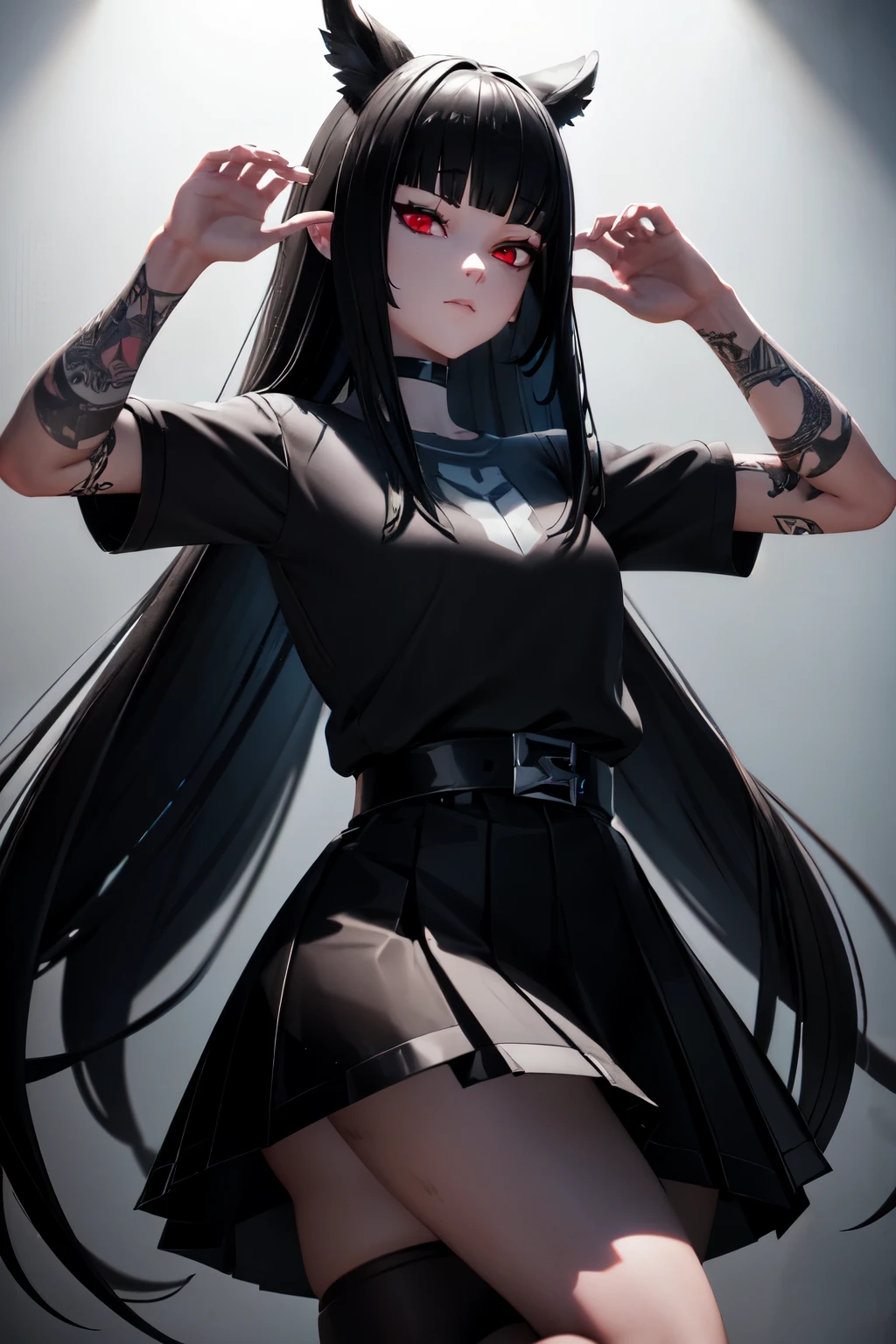 photorealistic, detailed face, detailed eyes, detailed, absurdres, 3d, unreal engine, white background, upper body,
(1girl), charlottefortnite, long hair, black_hair, bangs, blunt_bangs, red eyes, choker, red eyes, skirt, black_skirt, black shirt, belt, kneehighs, tattoo, 