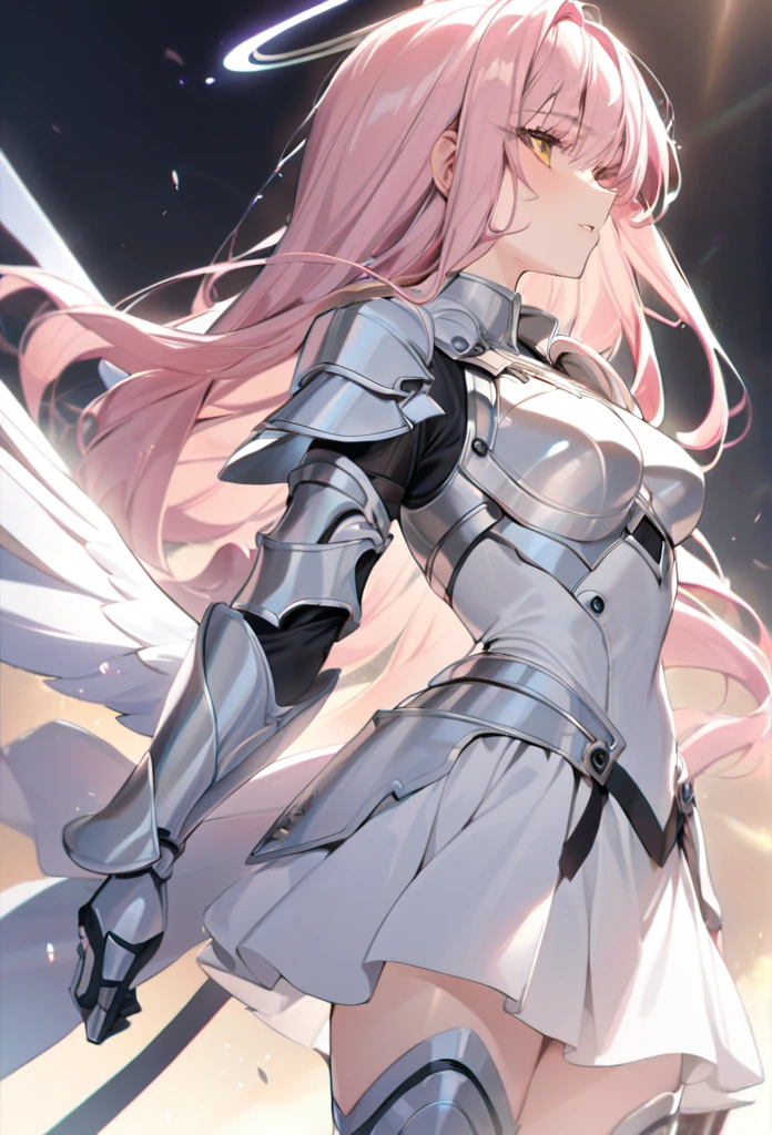 (masterpiece), Best Quality,  1 girl, Valkyrie, Angel knight in white dress and silver armor, Shiny Armor, High Gloss Armor, Reflective Metal Armor,  has a sword, (length_sword), pink length curly hair, Yellow Eyes, Wings, White clothing, perfect lighting