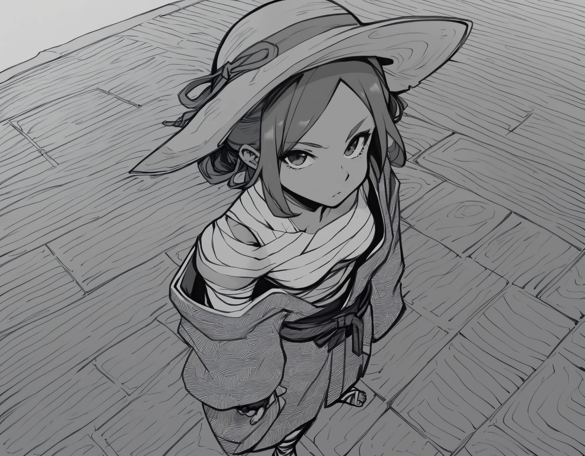 score_9, score_8_up, score_7_up, score_6_up, score_5_up, score_4_up, monochome, greyscale, Samurai aesthetic, 1girl, standing, farmland background, face cloaked in shadow, straw hat, badass, sword on ground, bandaged forearms, bandaged chest, traditional japanese Kimono, fingerless gloves, cool, foreshortening, from above