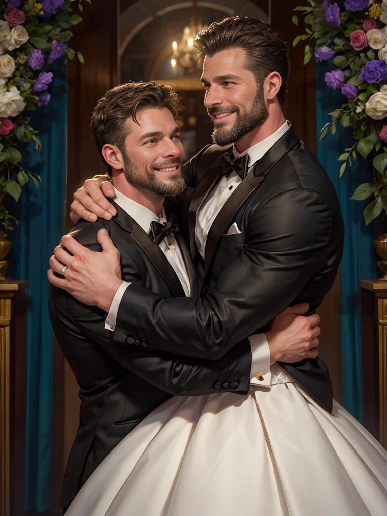 Award-winning original photos,2men, wild muscular men, (40 years old), beards, burly, hunk, jackets, smilling happily, wedding ceremony, (tuxedos), hugging, detailed, lovely, faces closeup, flowers, from the side