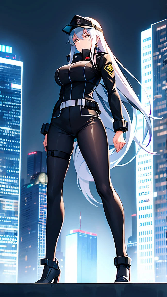 A highly trained female enforcer stands atop a metallic skyscraper in a cold, dystopian metropolis. She wears a sleek, futuristic uniform, complete with a visor that displays digital readouts, her long silver hair flowing behind her in the wind. The city below her is a maze of towering buildings, their windows dark, while massive screens project propaganda from the authoritarian regime she serves. Hovercraft patrol the skies, and the streets are eerily quiet. Her posture is rigid and confident, as she surveys the city for signs of resistance, her cybernetic enhancements glowing faintly under the dark, cloudy sky