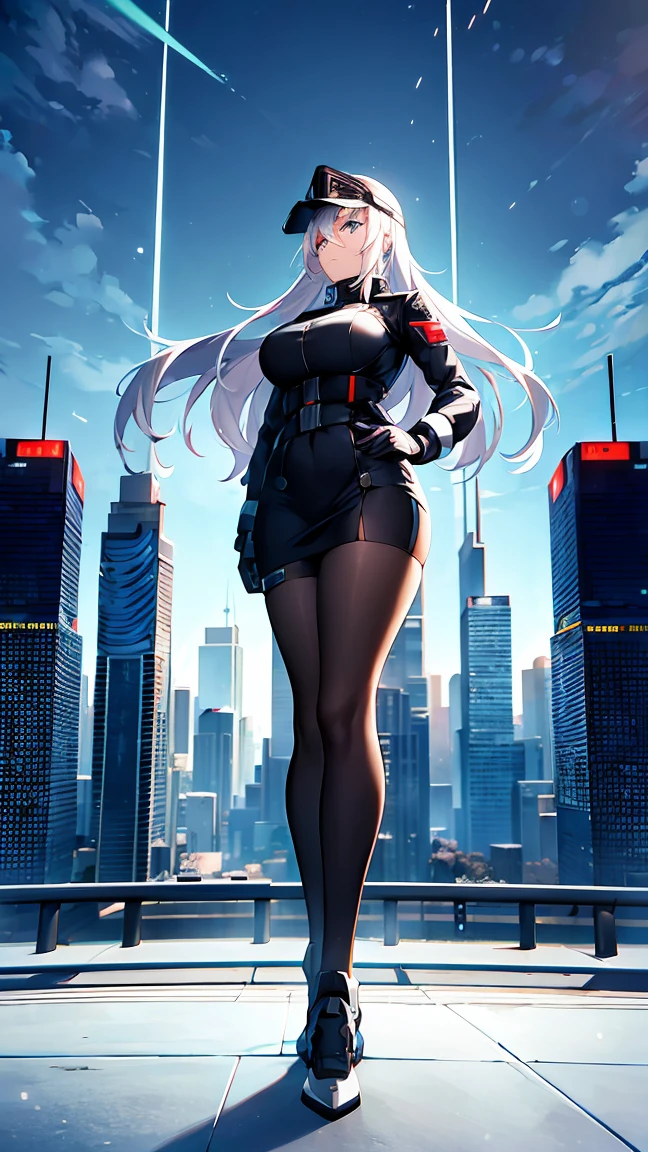 A highly trained female enforcer stands atop a metallic skyscraper in a cold, dystopian metropolis. She wears a sleek, futuristic uniform, complete with a visor that displays digital readouts, her long silver hair flowing behind her in the wind. The city below her is a maze of towering buildings, their windows dark, while massive screens project propaganda from the authoritarian regime she serves. Hovercraft patrol the skies, and the streets are eerily quiet. Her posture is rigid and confident, as she surveys the city for signs of resistance, her cybernetic enhancements glowing faintly under the dark, cloudy sky