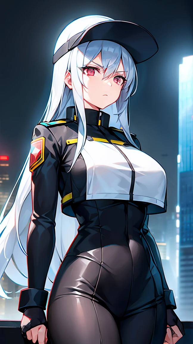 A highly trained female enforcer stands atop a metallic skyscraper in a cold, dystopian metropolis. She wears a sleek, futuristic uniform, complete with a visor that displays digital readouts, her long silver hair flowing behind her in the wind. The city below her is a maze of towering buildings, their windows dark, while massive screens project propaganda from the authoritarian regime she serves. Hovercraft patrol the skies, and the streets are eerily quiet. Her posture is rigid and confident, as she surveys the city for signs of resistance, her cybernetic enhancements glowing faintly under the dark, cloudy sky