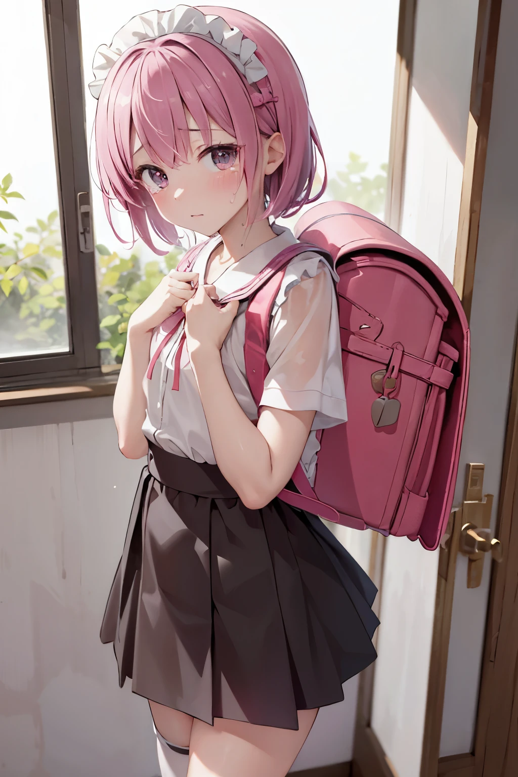 (masterpiece), Best Quality,  high res, Advanced Details,   detail background ,  perfect lighting, Abandoned house, One Girl, small,  watching viewers , small, Maid uniform, Short skirt,Crying face, Carrying a pink backpack, (randoseru backpack:1.0), darkness, Be scared, Wet,