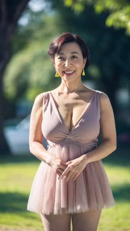 Japanese Mature,White skin,48 years old,(curvy body,Large Breasts:1.2),(earrings,wearing ballet dress,wearing tutu:1.2),(Standing in the park,Full body shot from head to toe,full body,standing:1.2),looking at viewer,smile,surrealism, depth of field, from below, Sony FE, 8k,arms up