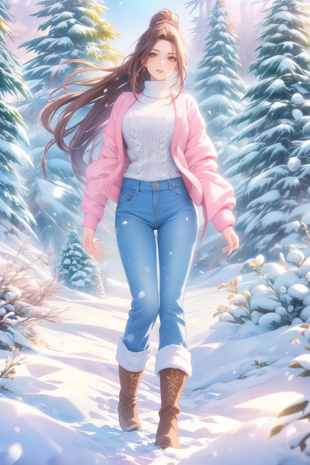 (masterpiece, Best Quality, high res, High image quality, 8k), Young and Beautiful Single Woman , Height: 165cm, Depiction of a pretty and cute face, A biologically healthy body, Well-proportioned body, Beautiful brown eyes, Pink Lips, Light brown and black long hair, Hair that floats blown by the wind , Her hair is tied back., Mid-chest, Winter Season , Snow Scene, Casual sweater, Jacket, Blue Denim Fitted Long Pants, boots, unique creations and depictions, Detailed illustration art, Vivid and super clear drawing ,