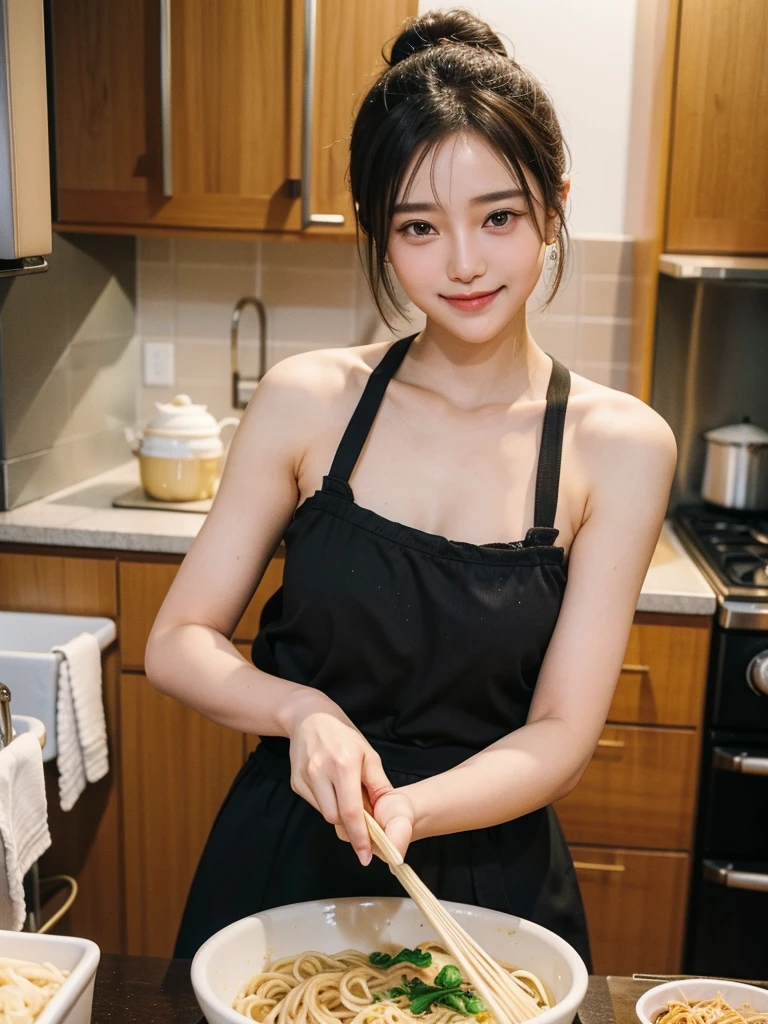 a woman is cooking, In the kitchen, Wearing a naked apron,(NAKED Apron,dark red Apron,short Apron),(Bun hair,Curly,Black hair),medium shot,Smile,Happy face,large round chest,(Cover-),Slender figure, Skin shining with sweat,(moles,pores),Realistic,Photorealistic:1.37, masutepiece, Best Quality,nffsw,Ultra detailed skin,with detailed face,Great detailed eyes,Beautiful and delicate,detailed clothes,highres photograph,Professional Light,Cinematic lighting,