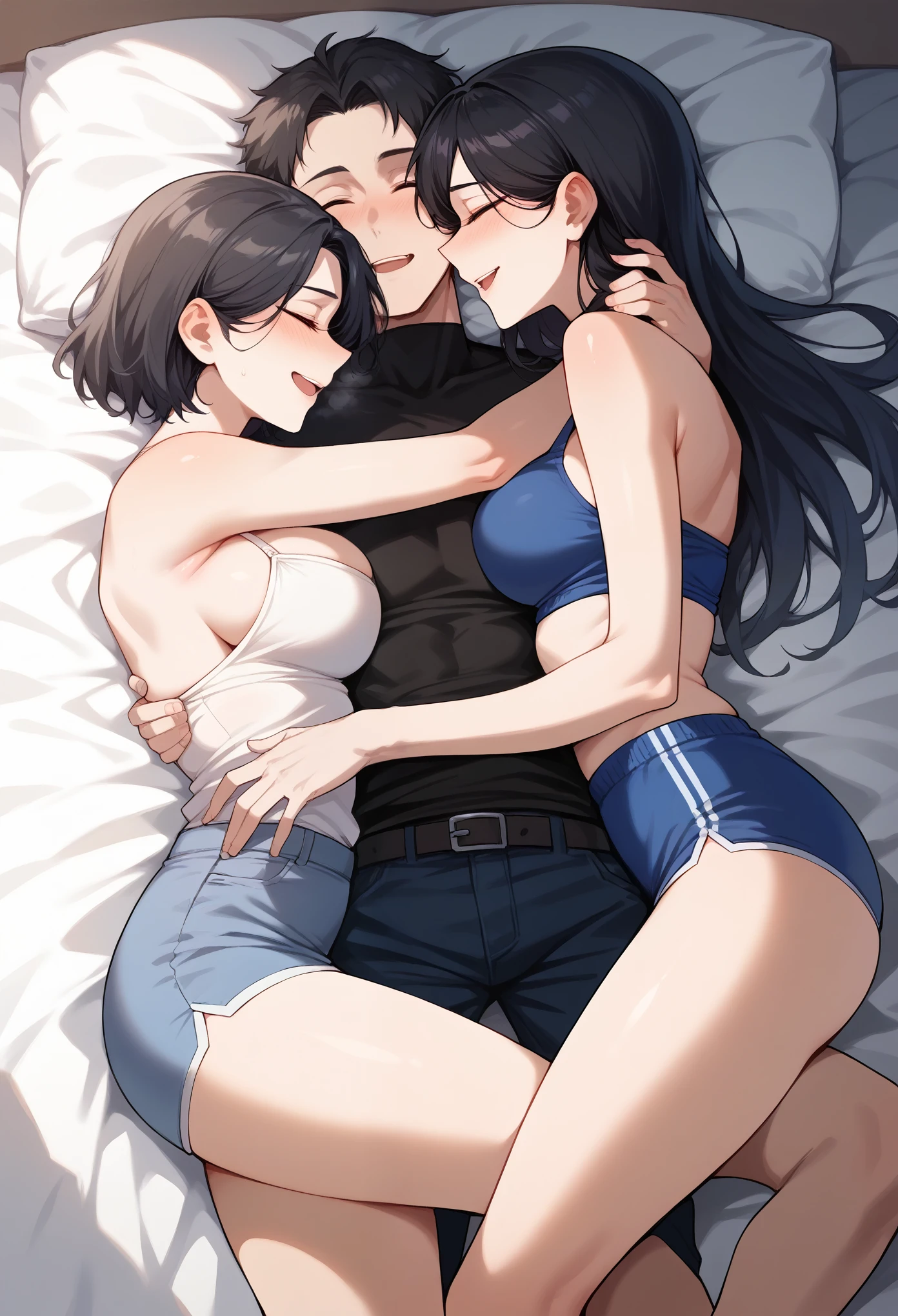 1girls with two boy are lying on the bed in front of the bedroom。two boy and one girls dressed as sweet black hair, ，cartoon, three people, A modern man sexy hugging a sweet woman hugging a man，intimate, hug， Another sexy man is watching，excited，On the bed，sweet，