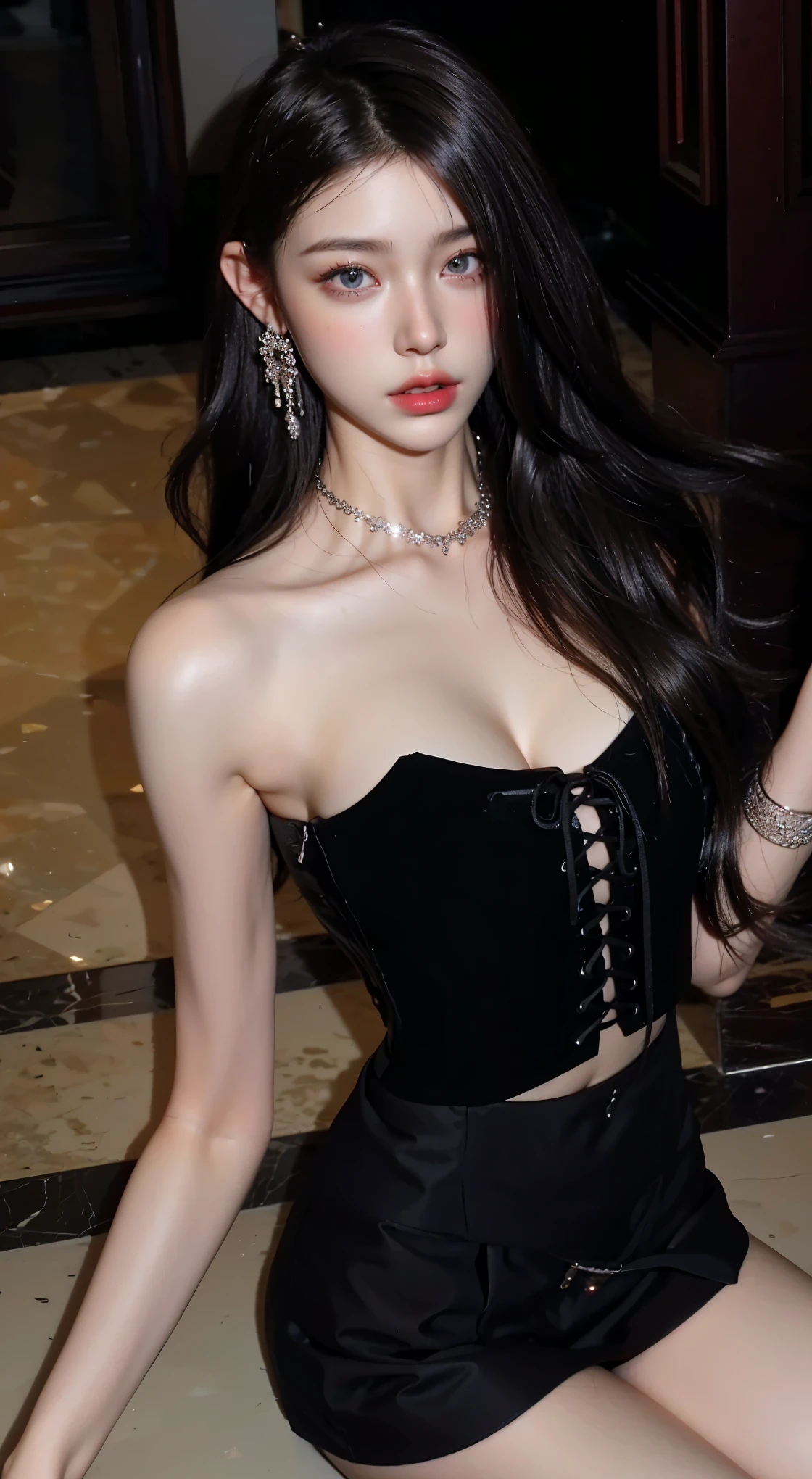Wearing a black suit，black cloaths，no underwares，humongous large breast，Black hip skirt，black short skirt，A-line skirt，She wears black pantyhose on her legs，high-heels，Wears large black-framed glasses，Recline on the sofa，The beauty of mixed race，fiery red lips，Pure and cute appearance，Sexy expression，being thin，Very skinny，The legs are thin，Smooth skin，Face a little rosy，adiamondnecklace，Diamond stud earrings，diamond bracelet，smooth fair skin，Flawless skin，Fair and shiny skin