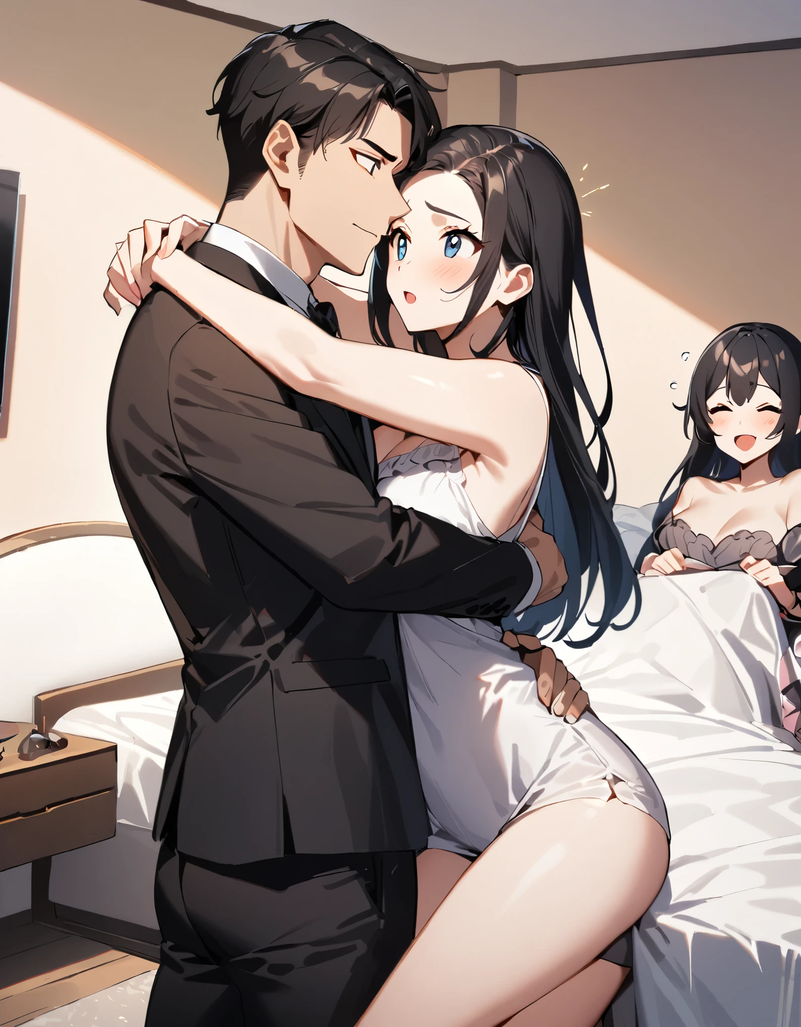 2 girls with 1 boy are lying on the bed in front of the bedroom。1 boy and two girls dressed as sweet black hair, ,cartoon, three people, A modern man sexy hugging a sweet woman hugging a man,intimate, hug, Another sexy man is watching,excited,On the bed,sweet,