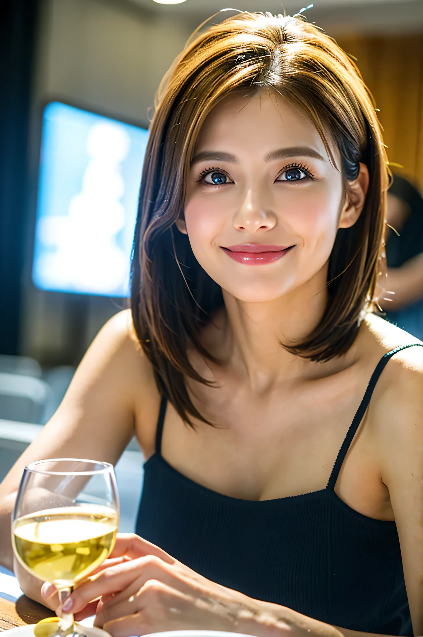 ((White Wine)),((Wine Glasses)),(Realistic, superrealistic:1.4), 16K HDR,  high res,((White Wine)),((Wine Glasses)),Happy smile、short hair,The best smile、Japanese actress,so beautiful(It looks like the real thing),dress、Slim couple、Model Couple、(Realistic,   complicated details :1.2), Amazing view of the sunset sky and clouds、,  dslr camera for a casual look , Soft lighting,   detail background , Use Volumetric Lighting, Sharp focus, super Realistic 肌,so beautiful表現です,Cloud Effect:1.2、Professional quality high res 、Best Quality,Slim figure,High quality face,Detailed eyes,Beautiful Lips,Excellent light particles,Cinema Lighting,blue eyes,(RAW Photos), (Realistic), (masterpiece), (Best Quality),  high res, 8k, (  complicated details ), (Volumetric Light), Portrait,  Layered Hair , Brown Hair,   beautiful eyes, Order Order, so beautiful眉毛, so beautiful肌, Very beautiful mouth, so beautiful鼻, Cute like an idol, Happy smile, (Thick lips), (Watch the audience), (Elegant blouse), West Shot,