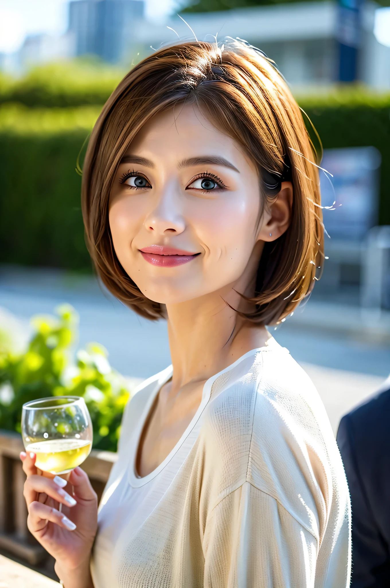 ((White Wine)),((Wine Glasses)),(Realistic, superrealistic:1.4), 16K HDR,  high res,((White Wine)),((Wine Glasses)),Happy smile、short hair,The best smile、Japanese actress,so beautiful(It looks like the real thing),dress、Slim couple、Model Couple、(Realistic,    intricate details   :1.2), Amazing view of the sunset sky and clouds、,  DSLR camera  , Soft lighting,   detail background , Use Volumetric Lighting, Sharp focus, super Realistic 肌,so beautiful表現です,Cloud Effect:1.2、Professional quality high res 、Best Quality,Slim figure,High quality face,Detailed eyes,Beautiful Lips,Excellent light particles,Cinema Lighting,blue eyes,(RAW Photos), (Realistic), (masterpiece), (Best Quality),  high res, 8k, (   intricate details   ), (Volumetric Light), Portrait,  Layered Hair , Brown Hair,   beautiful eyes, Order Order, so beautiful眉毛, so beautiful肌, Very beautiful mouth, so beautiful鼻, Cute like an idol, Happy smile, (Thick lips), (Watch the audience), (Elegant blouse), West Shot,