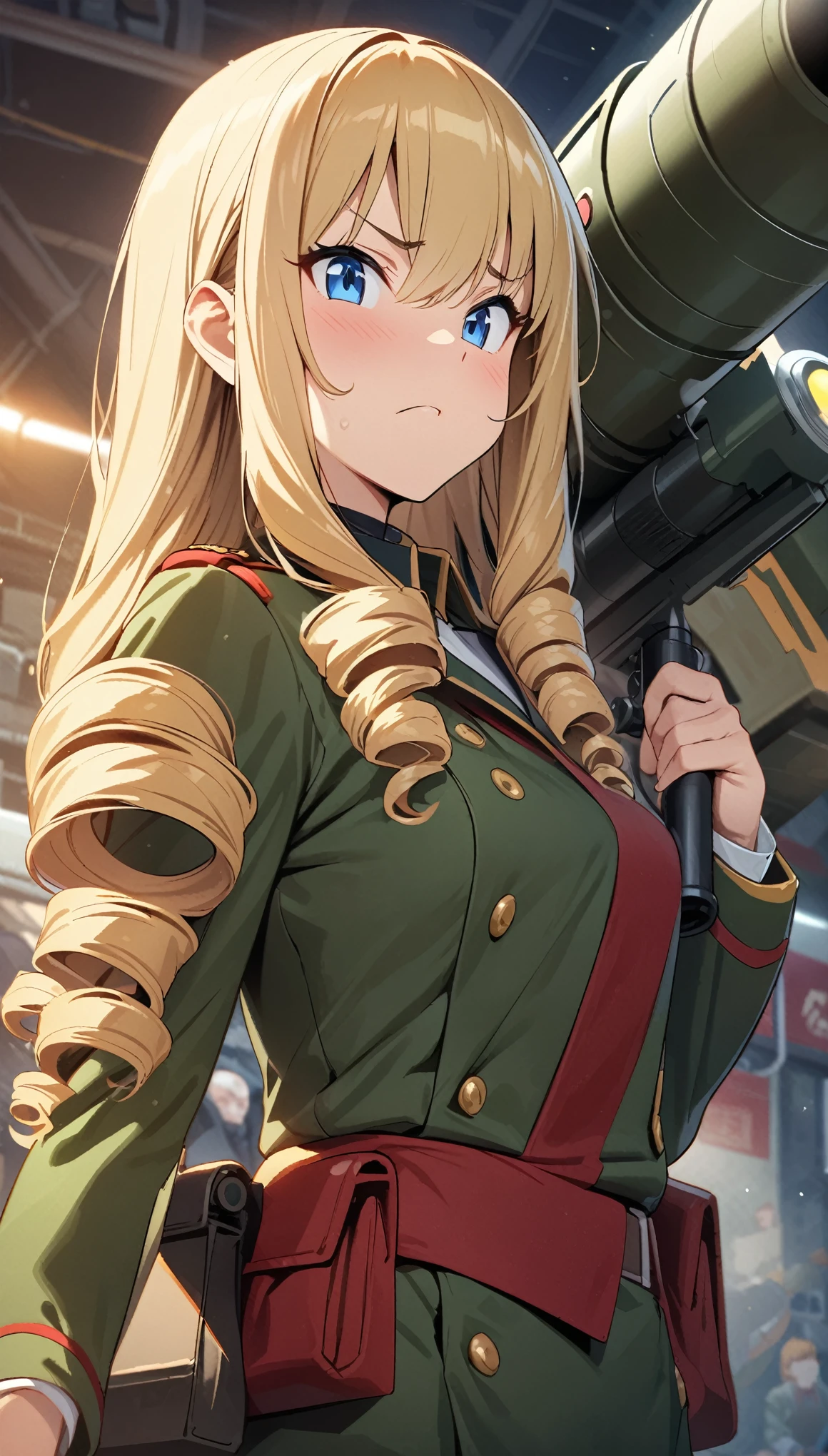 Miss, View Your Audience , Long hair, Ahog, blonde , Drilling hair, Blue Eyes,, Japanese animation、illustration、 Best quality、masterpiece、 Detailed Description , Best Hand ,Wearing military uniform,Behind it is a rocket launcher