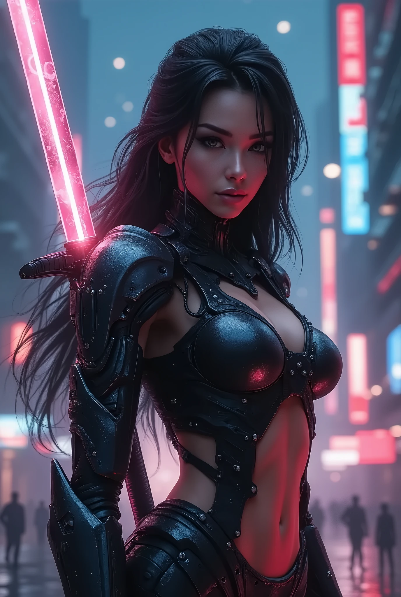 Beautiful woman, antihero in black and purple uniform, Katana laser sword in hand, White skin, long black hair, portrait, Jeff Bridges, ((cartoon style)), The style of the Marvel Cinematic Universe, (((Cyberpunk city in the background))), Soft bokeh of a futuristic city, Atey Gaylan, Jeremy Mann, Greg Munchess, Antonio Moro, trending on Artstation, trend at CGSociety, difficult, High detail, sharp focus, dramatic and photorealistic painting by Midjorney and Greg Rutkowski., bokeh in the background
