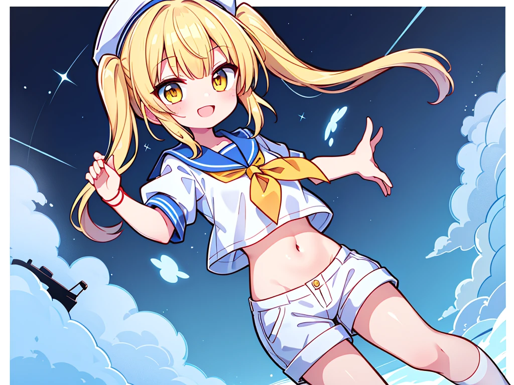 Twin-tailed golden-haired girl in sailor suit, Visible navel, Wear a hat and pants.a drawing of an anime character, clean line drawings, ultra cute girl, ultra cute face, ultra detailed eyes, ultra detailed hair, ultra cute, ultra beautiful, ((high end)), (UHD picture), (best quality,4k,8k,highres,masterpiece:1.2), top-quality(​masterpiece), top-quality, ultra-detailed, highly detailed texture, intricate details, high quality textures, masterpiece, best quality, perfect quality, perfect anatomy, perfect body, perfect symmetrical face, perfect hands, perfect feet, (two arms:1.2), (two legs:1.2), (five fingers each:1.2), (perfect joint:1.2), perfect joint movement, precise fingers and hands, 1 beautiful girl, 1 girl, alone, solo, , , ((())), ((ish)), (Best Quality, hight resolution), extremely detailed and lifelike, Vibrant colors, simple background, white socks, blonde hair, hat, blue sailor collar, twintails, sailor collar, sailor hat, yellow eyes, marine costume, short sleeves, shirt, blue neckerchief, white headwear, sailor, white shirt, white shorts, neckerchief, smile, Chiyuri