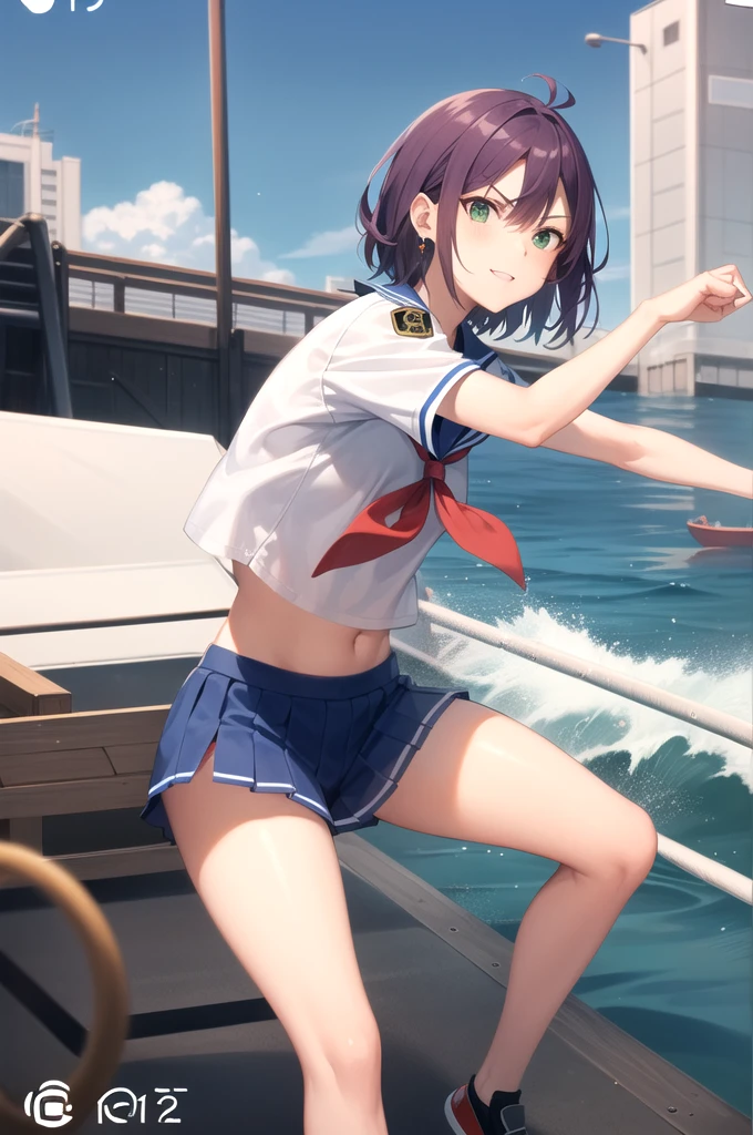 Best Quality, masterpiece, detailed,
KatsutaSatoko ,
 1 girl,  open your mouth,  serious but light smile ,
 Purple Hair, green eyes, Short Hair,  short hair, Rings Earrings,
Seraph, White shirt,  red neckerchief ,   blue skirt  , Short sleeve,
standing,  staring at the viewer , serious look,Fighting pose,Monkey Fist UserのCombat Stance,Monkey Fist User,  during a martial arts match  ,  expressions of girls fighting in martial arts matches
Ocean, (Boat, military vehicle:1.2), A little thick,Monkey Fist User player、Monkey Fist User、Inside the Monkey Fist User Gymnasium、On the tatami、discovery、Combat Ready、Intense Battle、whole body、Combat Stance、Spread your legs、Clenched hands、幼い頃Monkey Fist User家に育てられた.
