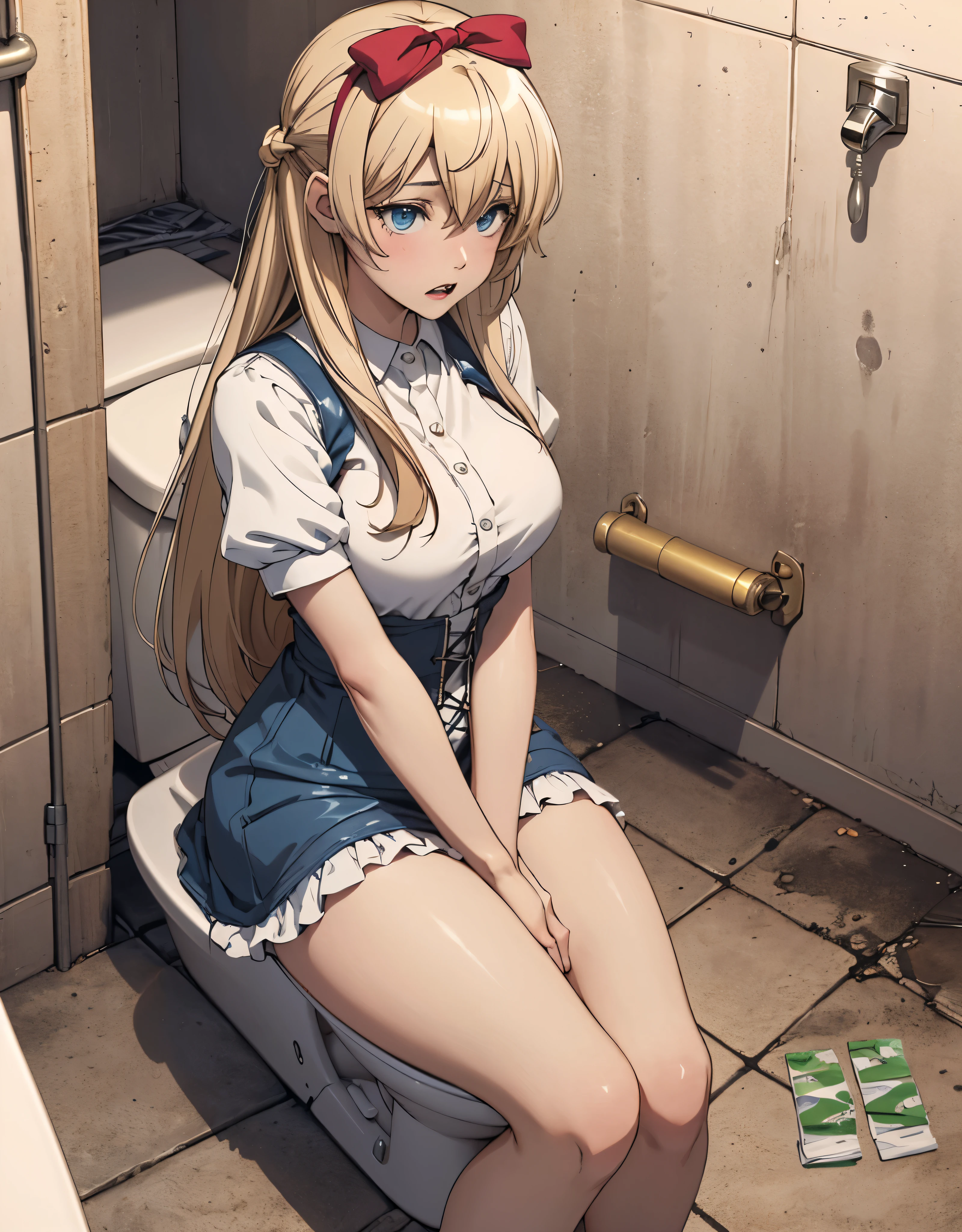 ((masterpiece,best quality)), highres, extremely detailed 8K wallpaper, depth_of_field, cowboy shot, solo, 1girl, long hair, (brown color hair), blue eyes, bow, big breasts, wide hips, thights, dirty and dull bathroom, pink dress with short sleeves, baggy eyes, big butt, dark blonde hair, disgusted expression, shadows under her eyes, baggy eyes, cracks in the walls, (sitting on the toilet), peeing, (used condoms on the floor), pubic hair, hairy pussy, gritting teeth, anime style