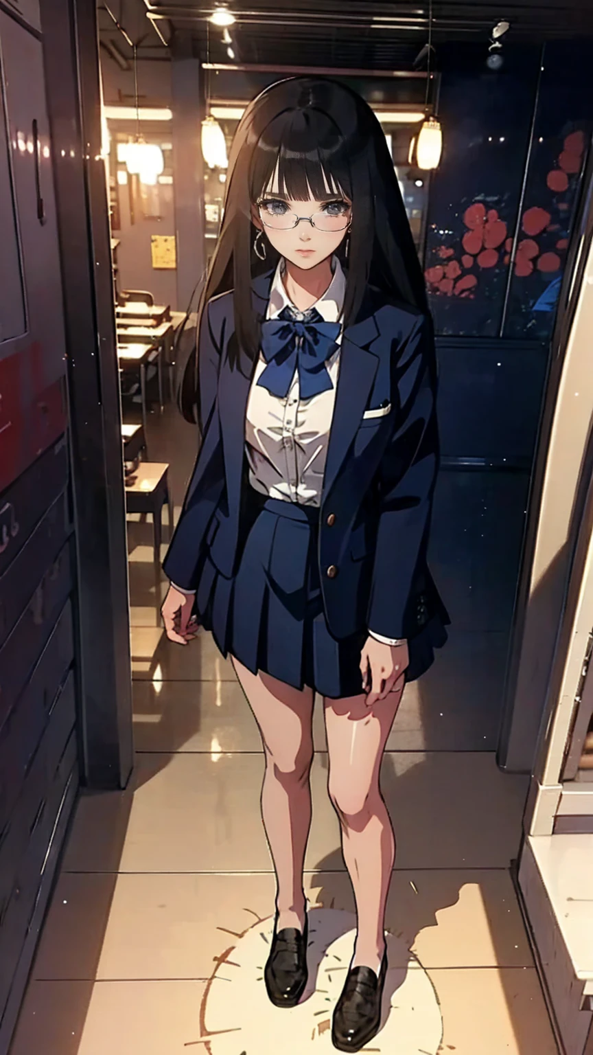 Black Hair , bangs, Hair behind the ear,  very long hair,  jewelry , Earrings, masterpiece,  textured skin, detailed , Best Quality, Adult women, High school teacher, Wear a jacket, Dark Blue Suit, White blouse, Tight skirt,  mature woman, Good picture, Standing alone in the classroom, During class, Glasses @Sparkling @Sparkling
