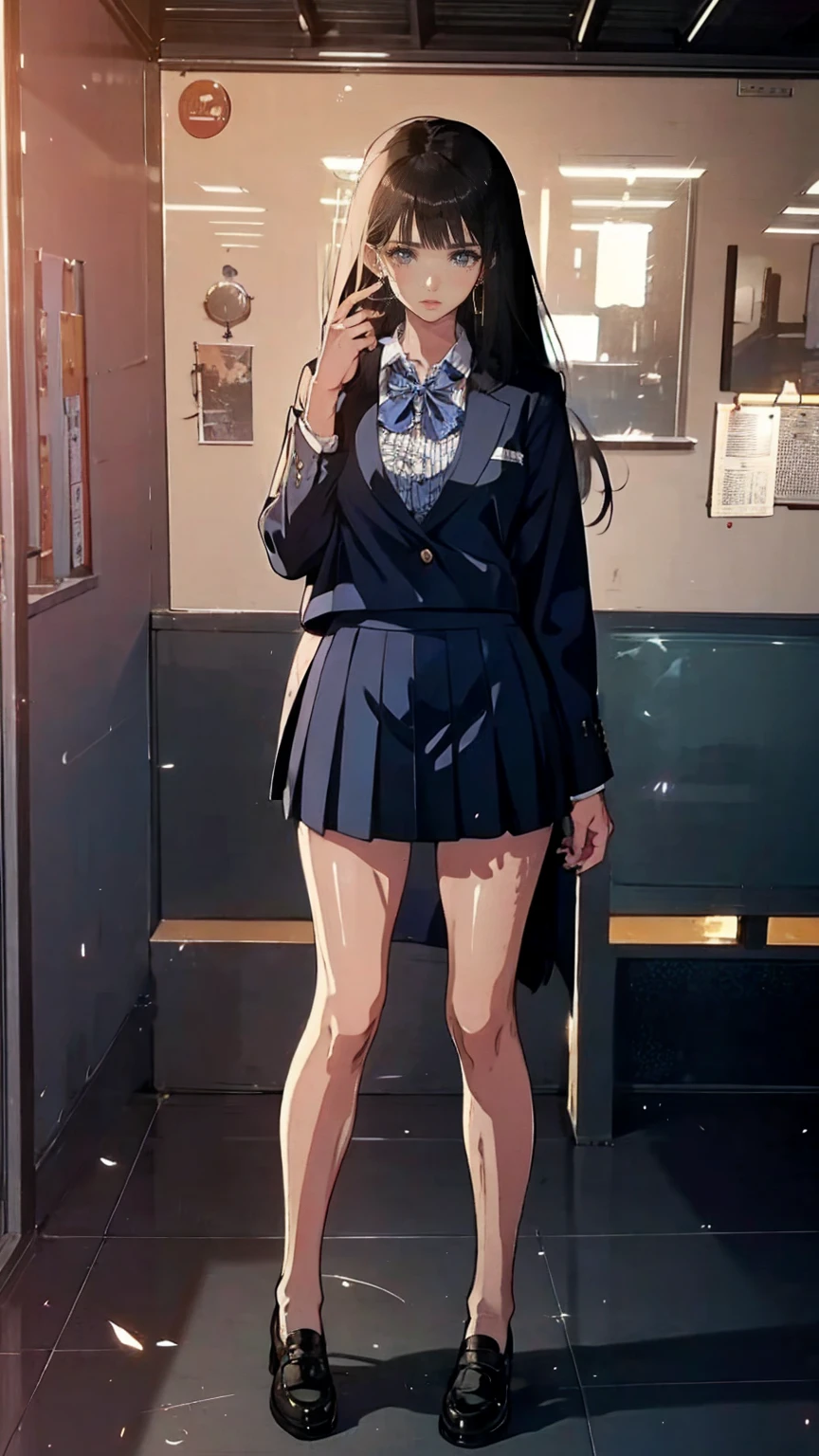 Black Hair , bangs, Hair behind the ear,  very long hair,  jewelry , Earrings, masterpiece,  textured skin, detailed , Best Quality, Adult women, High school teacher, Wear a jacket, Dark Blue Suit, White blouse, Tight skirt,  mature woman, Good picture, Standing alone in the classroom, During class, Glasses @Sparkling @Sparkling
