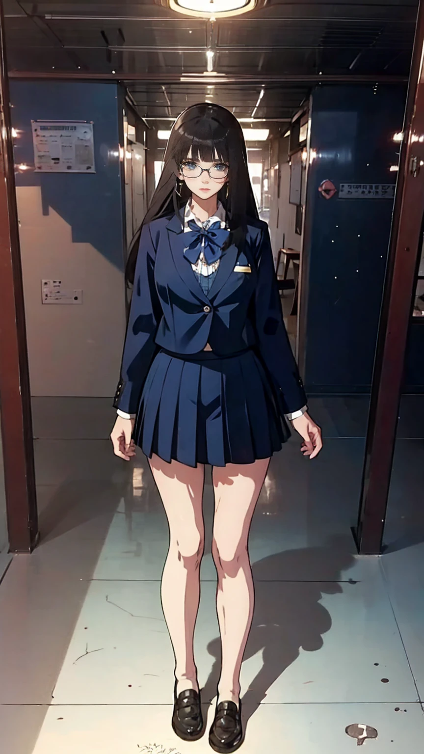 Black Hair , bangs, Hair behind the ear,  very long hair,  jewelry , Earrings, masterpiece,  textured skin, detailed , Best Quality, Adult women, High school teacher, Wear a jacket, Dark Blue Suit, White blouse, Tight skirt,  mature woman, Good picture, Standing alone in the classroom, During class, Glasses @Sparkling @Sparkling
